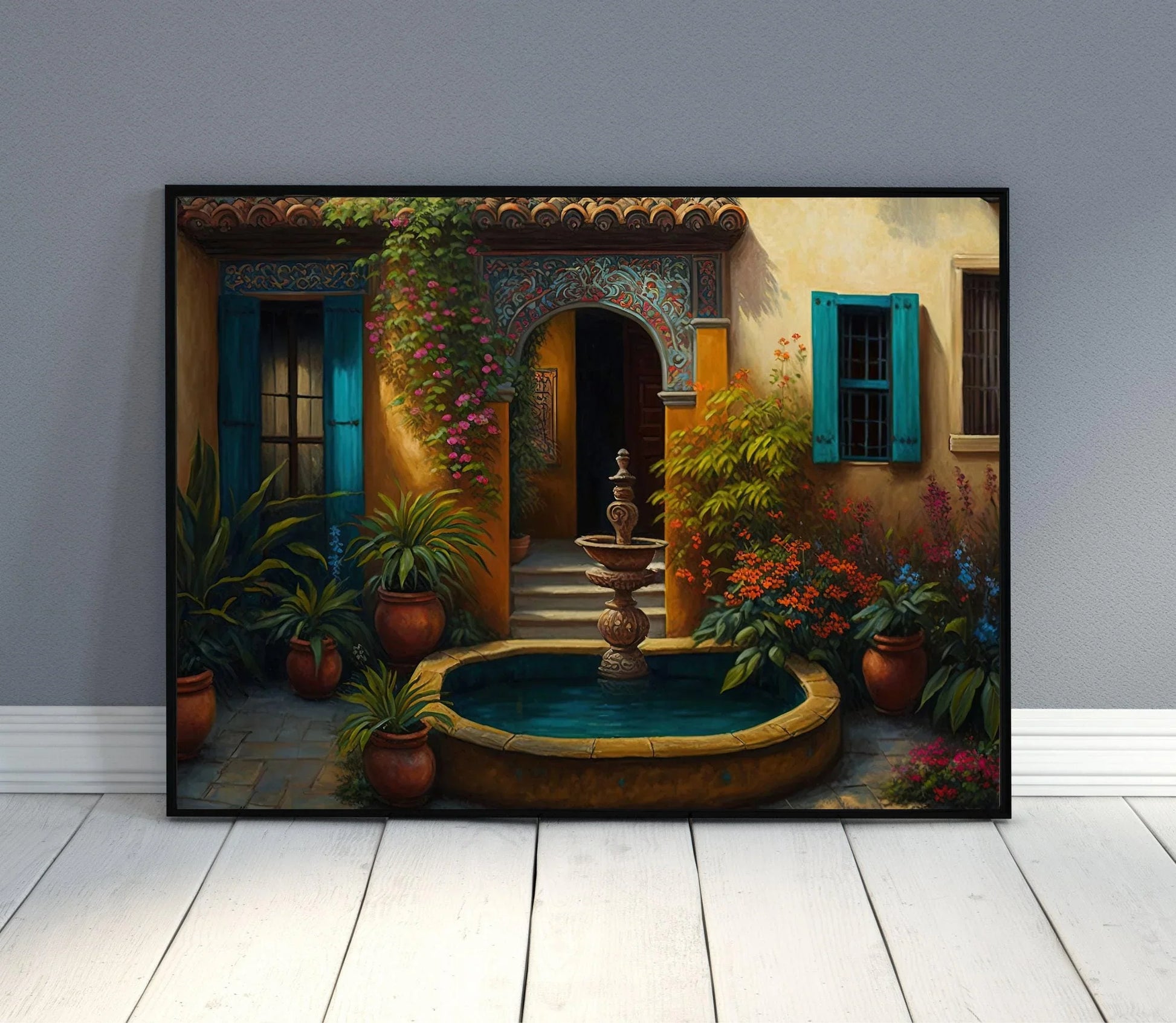 Mexican Garden Painting | Mexican Courtyard Art | Wall Art Decor | Colorful Art Print | Mexican Art | Mexican Decor, Home Decor, Latino Art Wall Art – Canvas Print