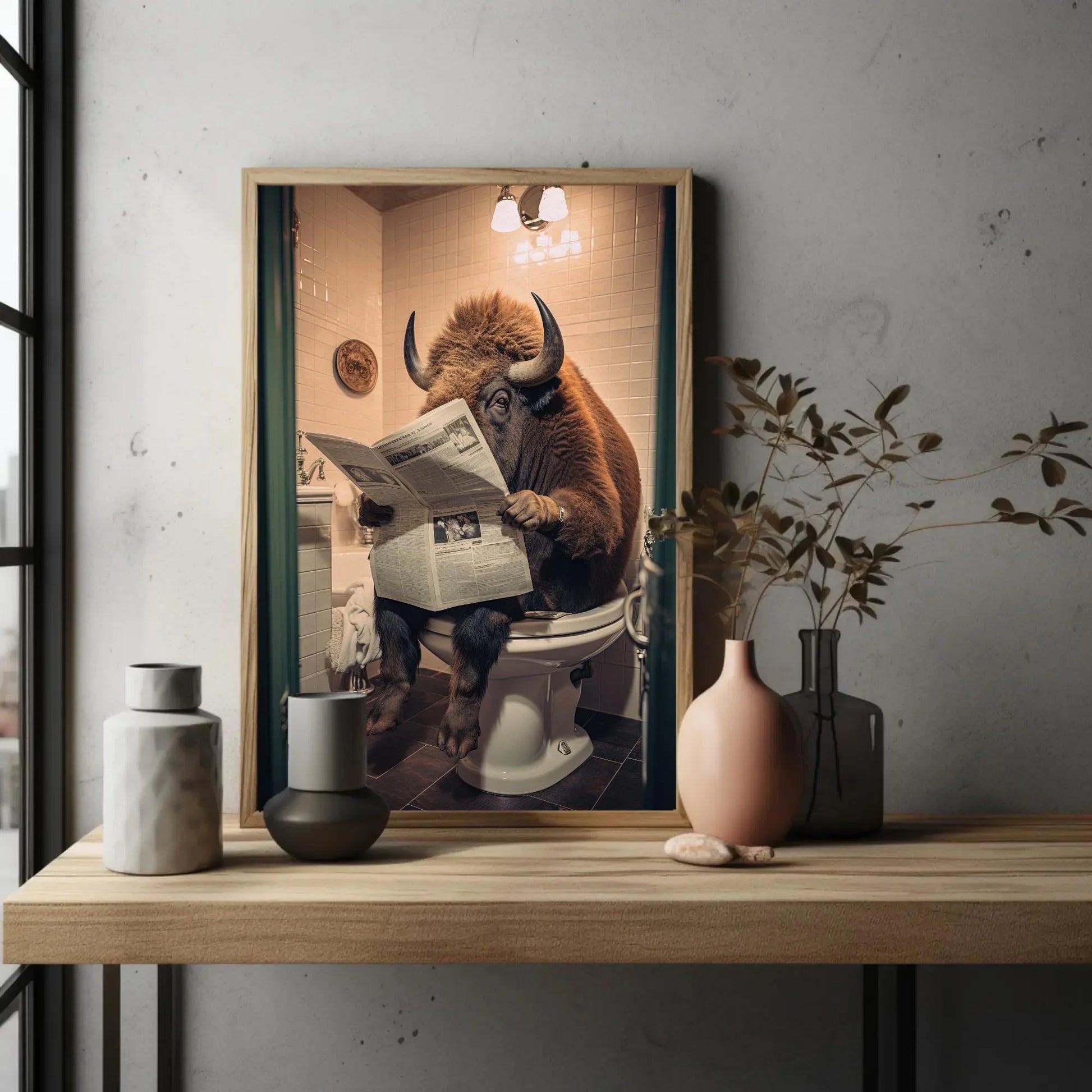 Bison Devotedly Reading Newspaper On The Toilet Wildlife Animal Lovers Gift Canvas Painting Funny Bathroom Art Framed Print Toilet Humor Art Wall Art – Canvas Print