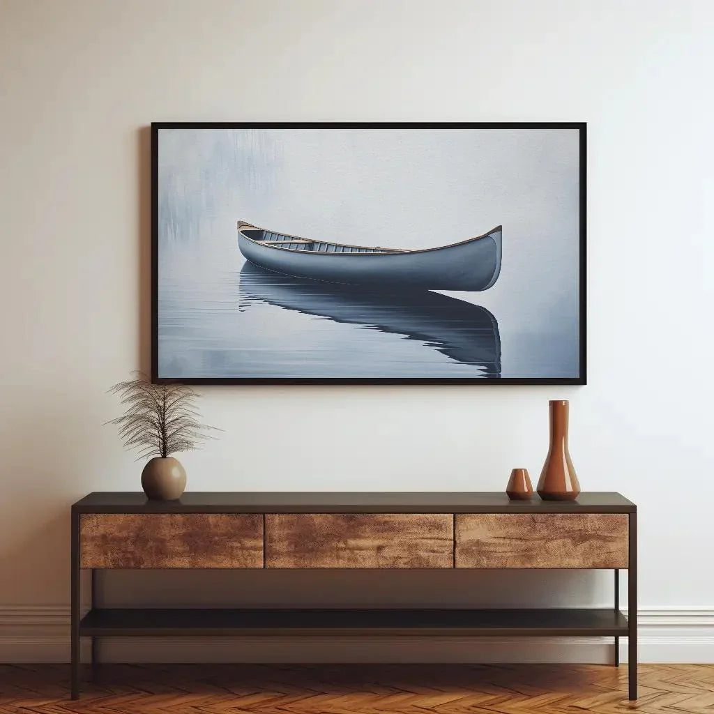 Canoe In Still Water Wall Decor Canvas Art, Lake House Decor, Canoe Wall Art, Cabin Wall Decor, Canoe in a Lake Blue Canoe, Nautical Decor Wall Art – Canvas Print