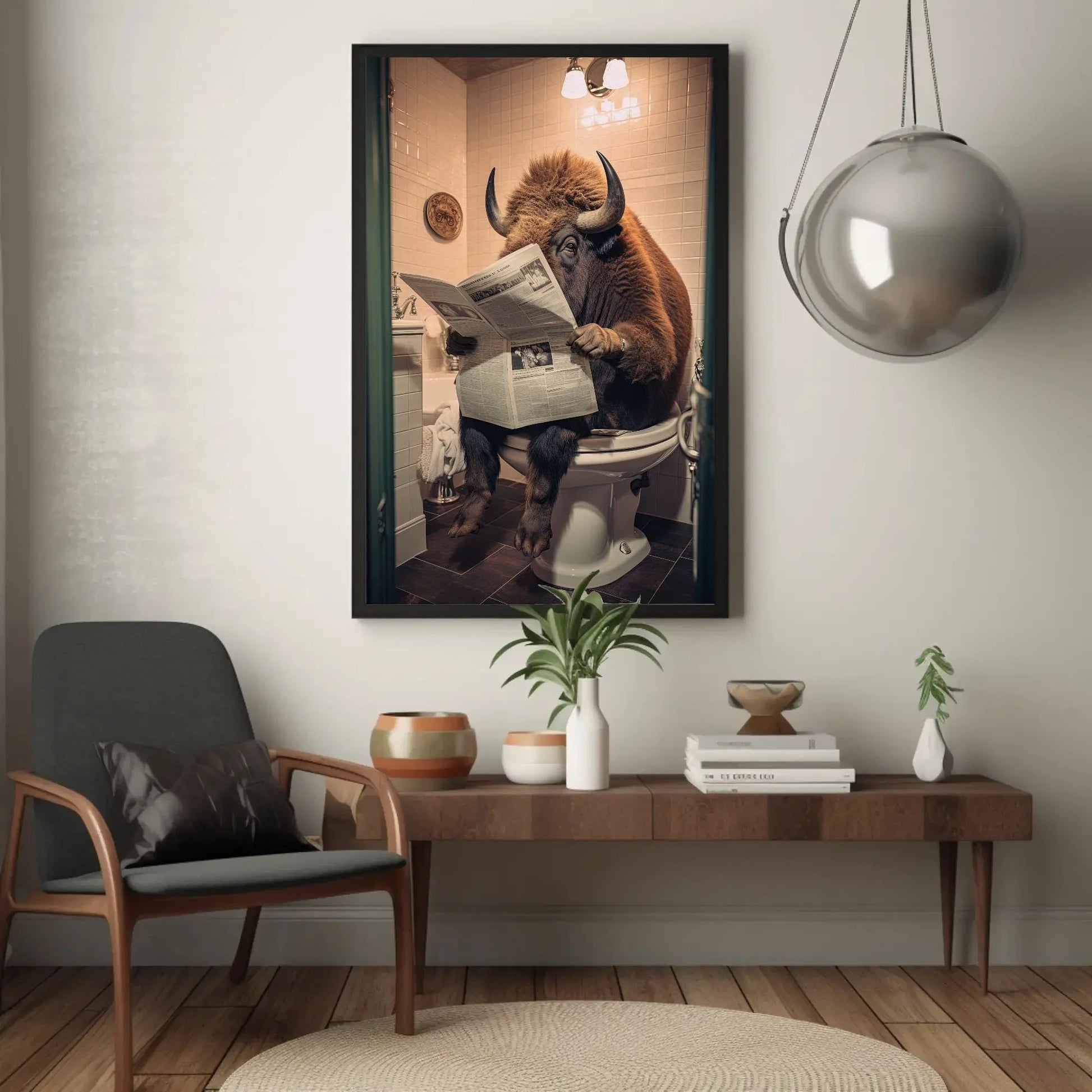Bison Devotedly Reading Newspaper On The Toilet Wildlife Animal Lovers Gift Canvas Painting Funny Bathroom Art Framed Print Toilet Humor Art Wall Art – Canvas Print