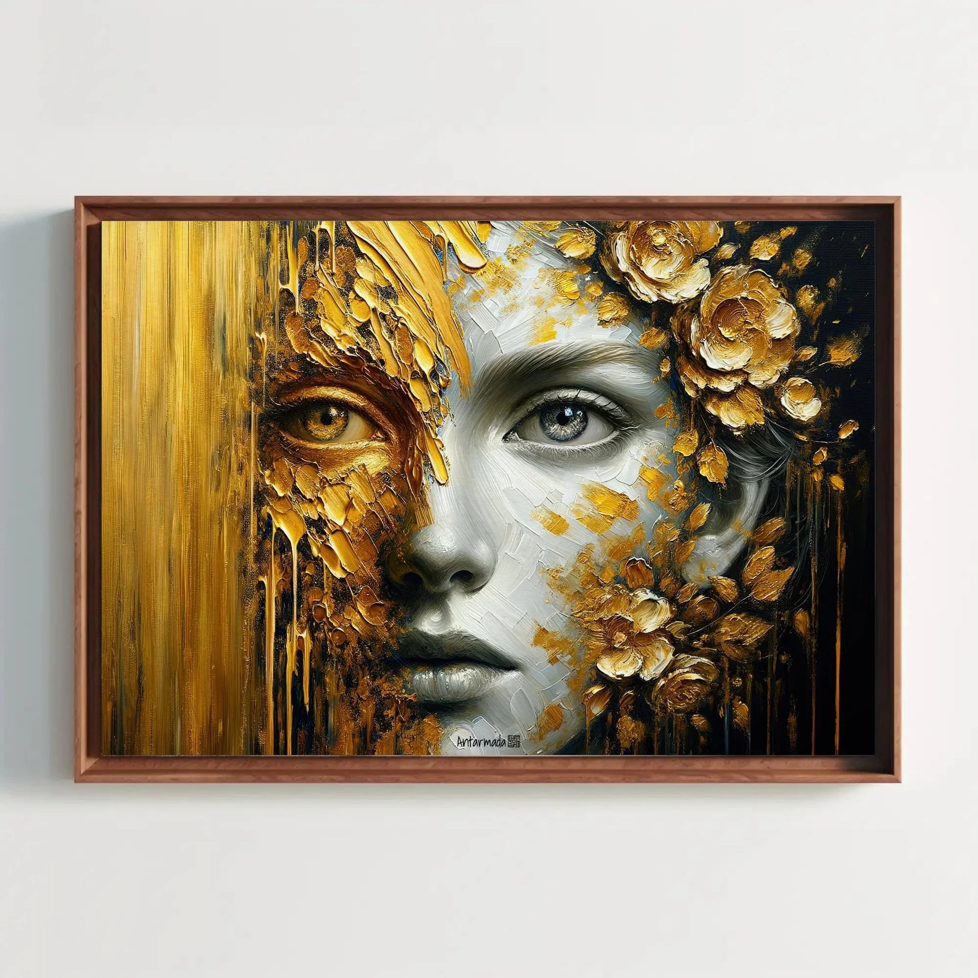 Golden Glimpse: A Portrait of Mystery and Splendor Framed Canvas Luxurious Home Decor, Hall Way Print, Rich Room Wall Art, Golden Print Wall Art – Canvas Print