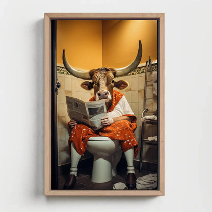Texas Long Horn Cow Reading Newspaper On The Toilet Funny Bathroom Wall Art Gift Canvas Painting Framed Print Toilet Humor Gift For Him Wall Art – Canvas Print