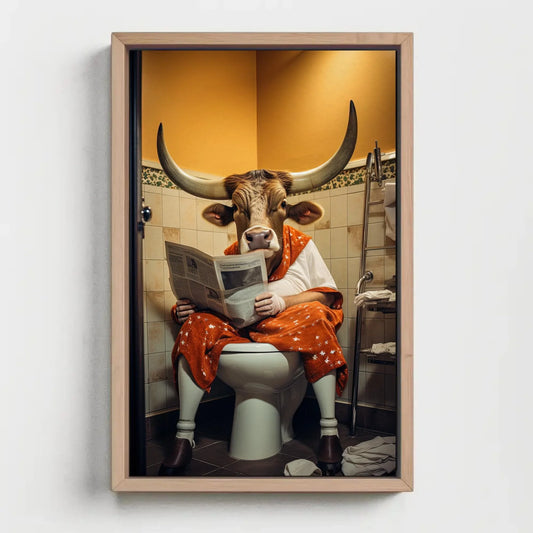 Texas Long Horn Cow Reading Newspaper On The Toilet Funny Bathroom Wall Art Gift Canvas Painting Framed Print Toilet Humor Gift For Him Wall Art – Canvas Print
