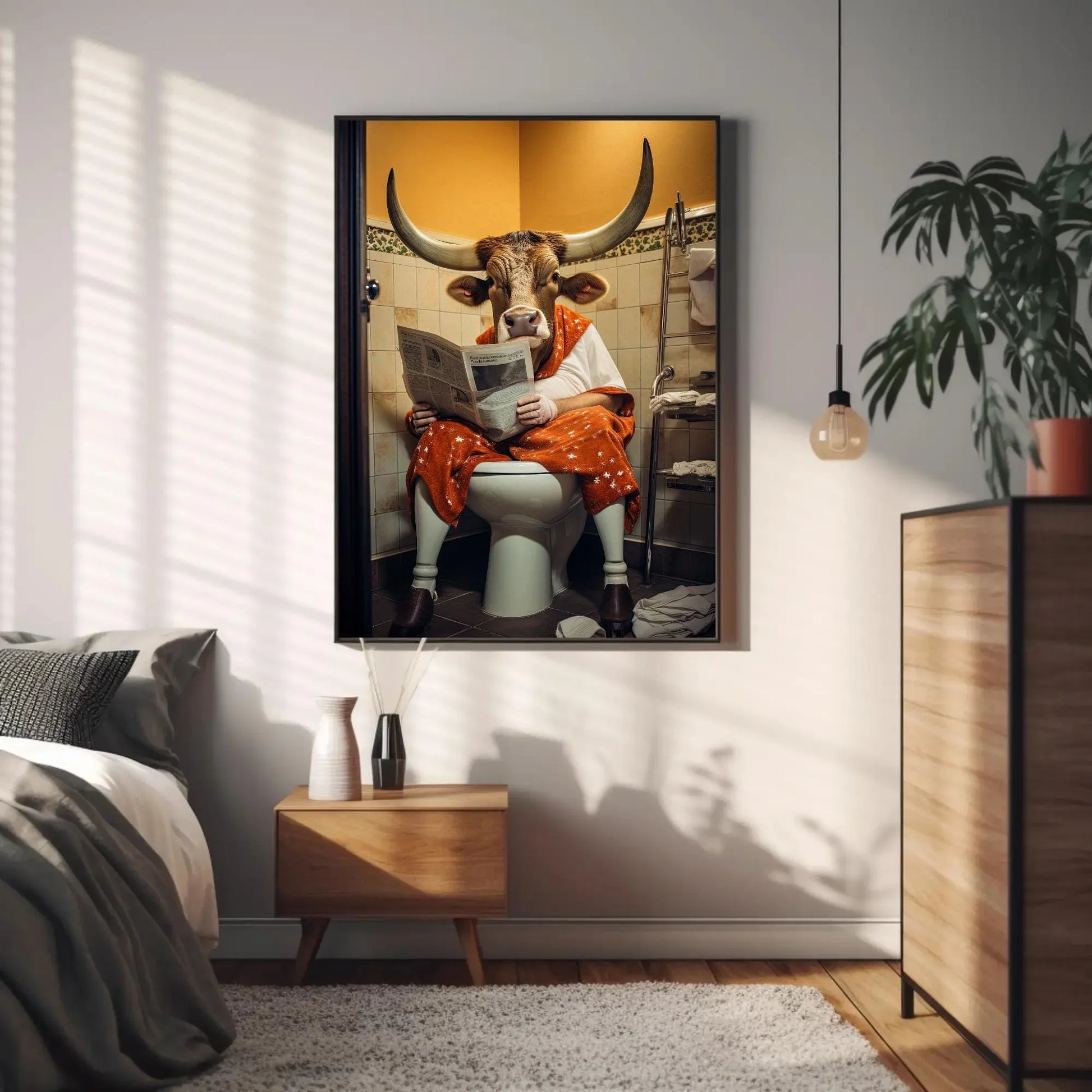 Texas Long Horn Cow Reading Newspaper On The Toilet Funny Bathroom Wall Art Gift Canvas Painting Framed Print Toilet Humor Gift For Him Wall Art – Canvas Print