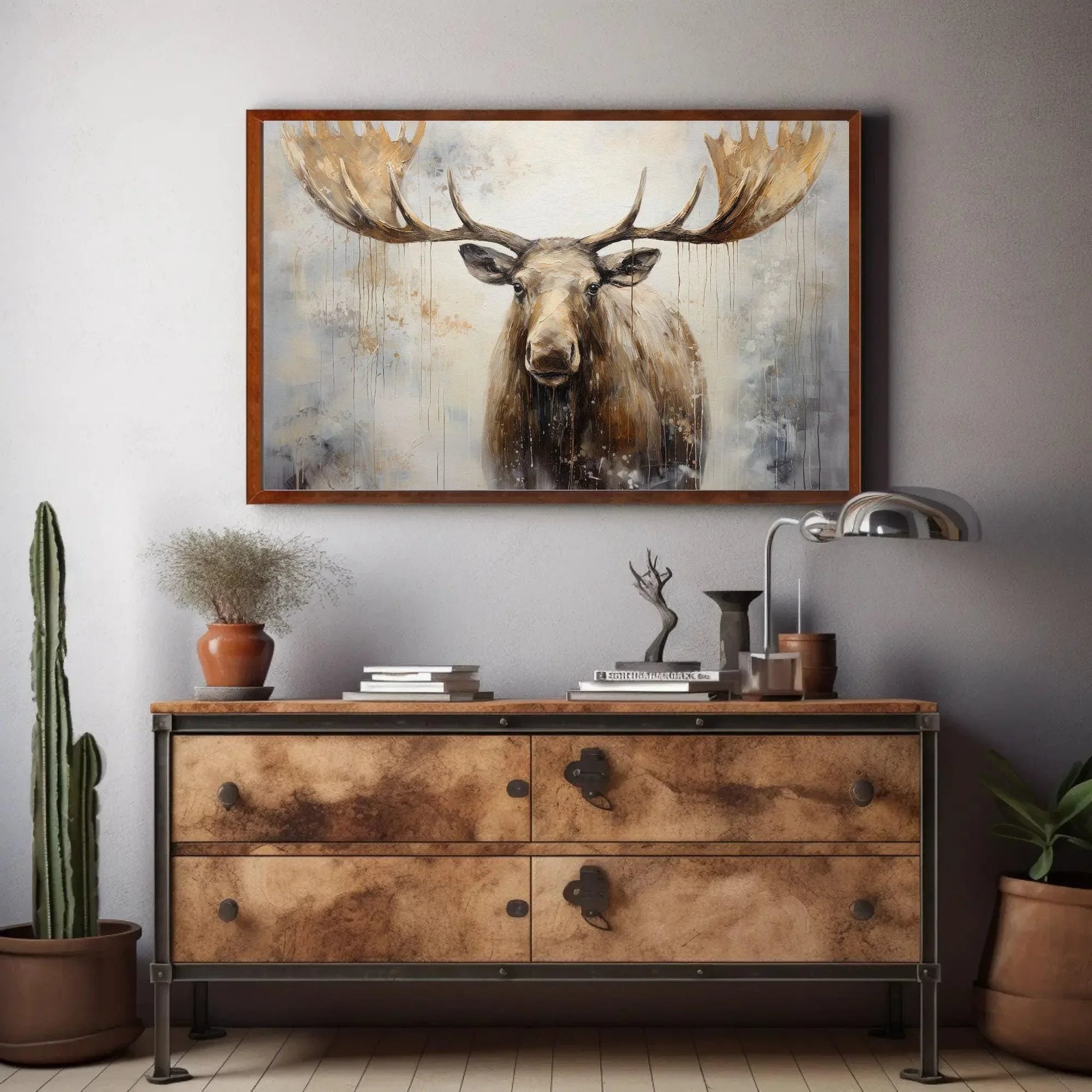 Moose with Large Antlers Abstract Framed Canvas Print | Moose Wall Art | Moose Poster Print | Animal Wall Decor | Ready to Hand Wall Art – Canvas Print