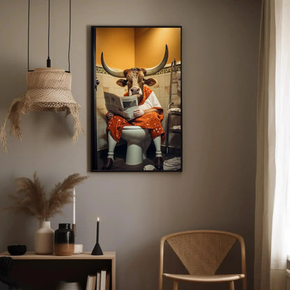 Texas Long Horn Cow Reading Newspaper On The Toilet Funny Bathroom Wall Art Gift Canvas Painting Framed Print Toilet Humor Gift For Him Wall Art – Canvas Print