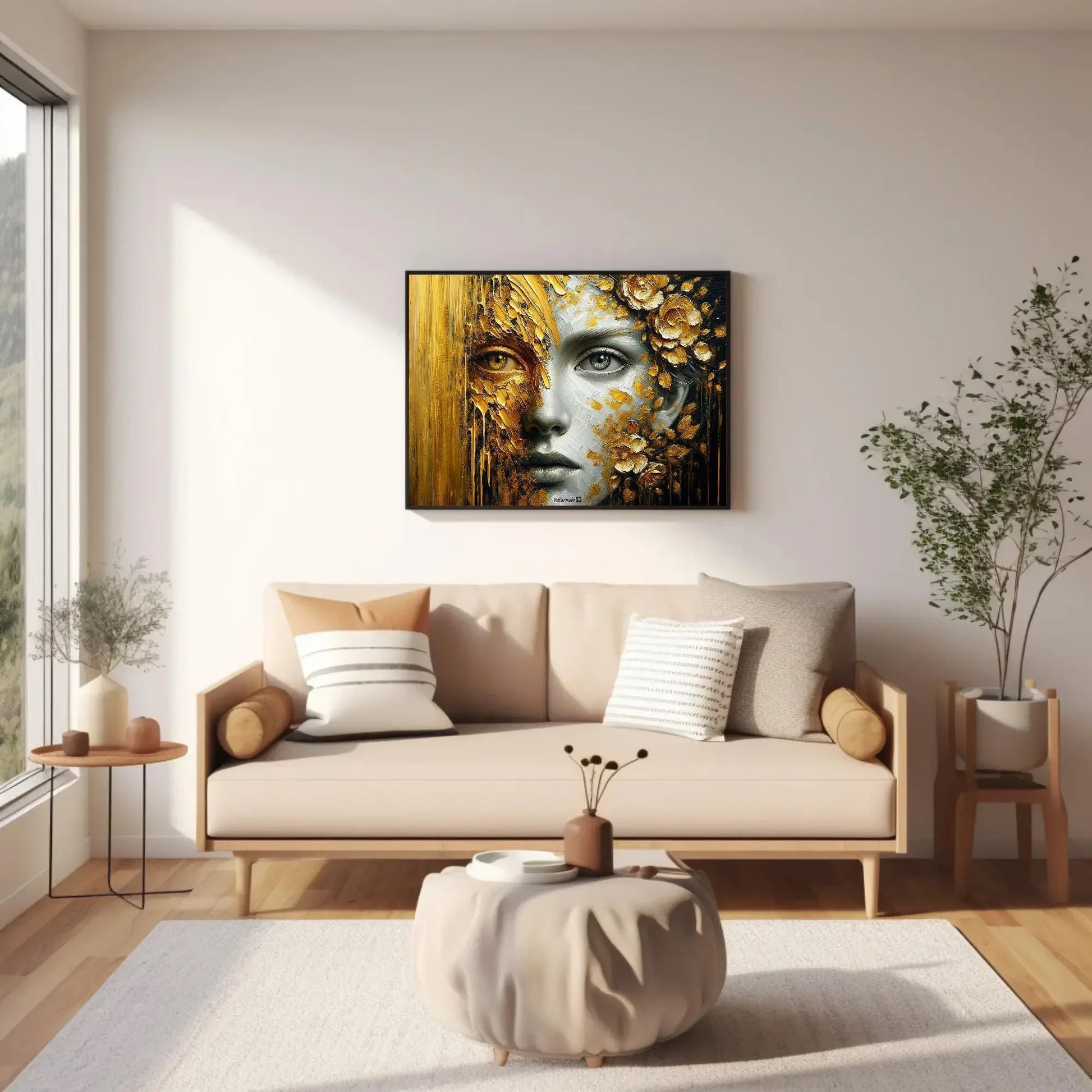 Golden Glimpse: A Portrait of Mystery and Splendor Framed Canvas Luxurious Home Decor, Hall Way Print, Rich Room Wall Art, Golden Print Wall Art – Canvas Print