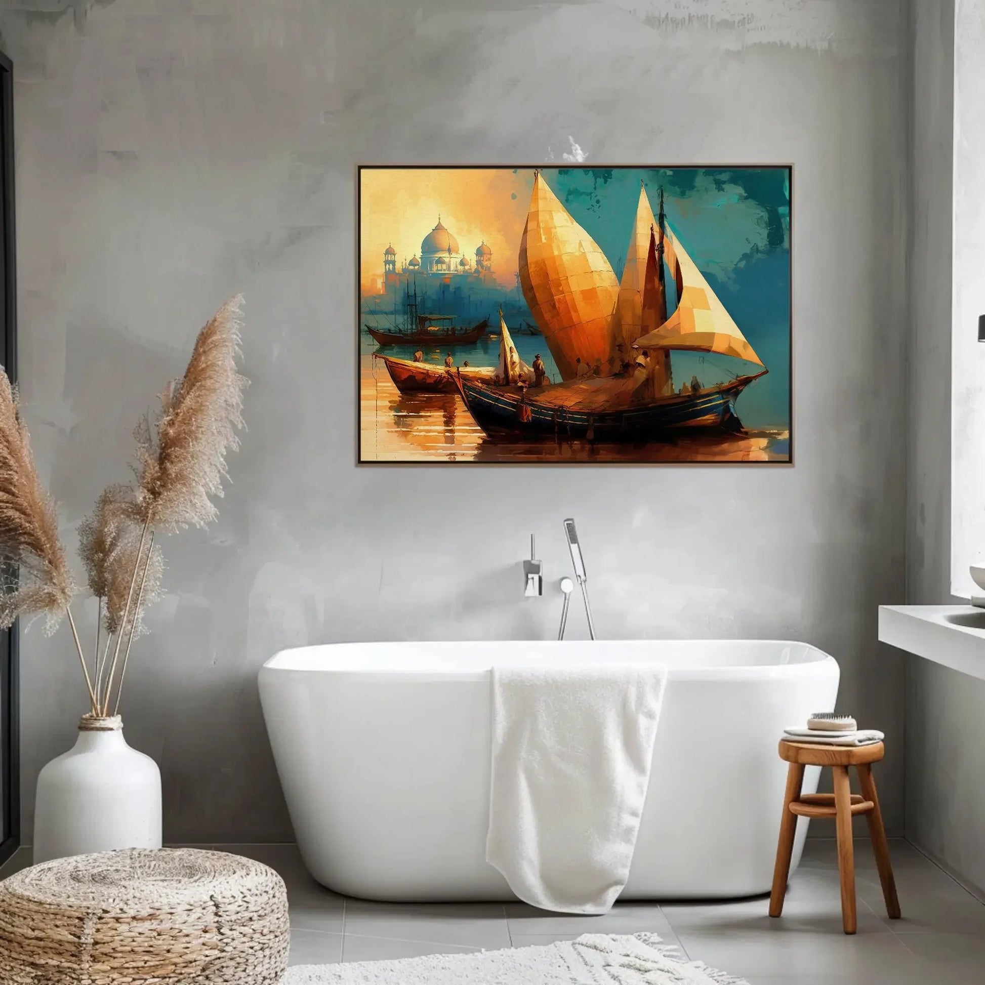 Taj Mahal Ancient Indian Harbour Painting, Boats in Yamuna River near Taj Mahal Large Canvas Art for Indian Home Decor Wall Art – Canvas Print