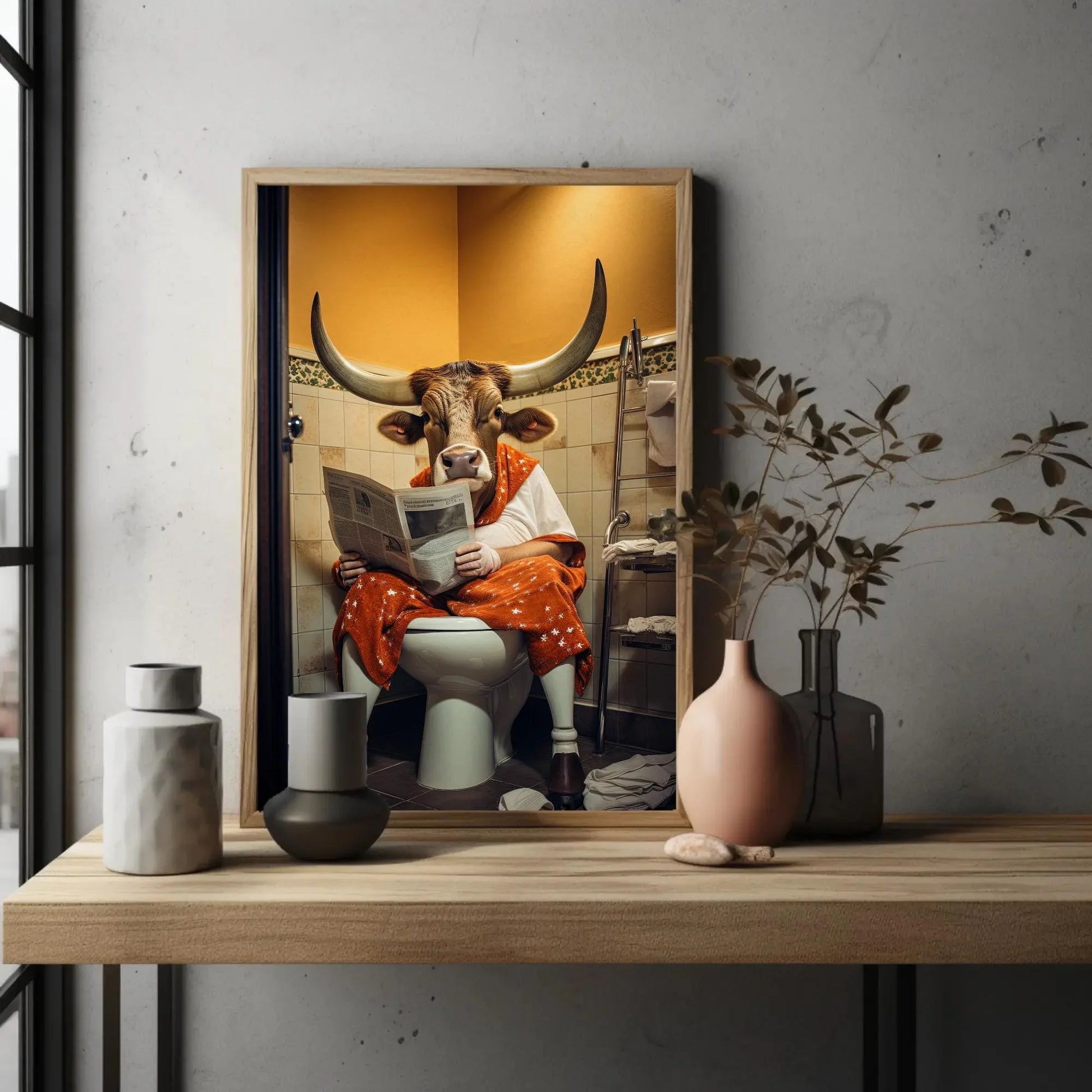 Texas Long Horn Cow Reading Newspaper On The Toilet Funny Bathroom Wall Art Gift Canvas Painting Framed Print Toilet Humor Gift For Him Wall Art – Canvas Print
