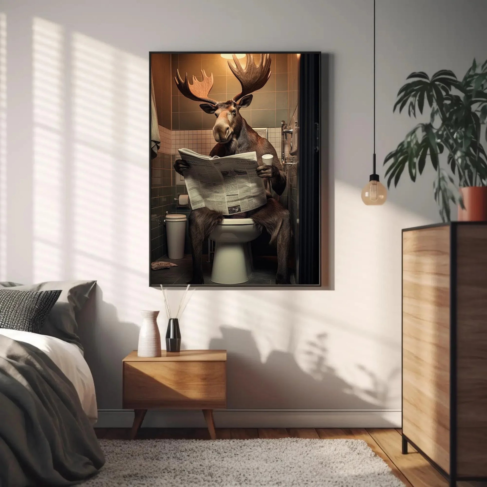 Wild Moose Reading Newspaper On The Toilet Funny Bathroom Art Animal Lovers Gift Canvas Painting Framed Print Toilet Humor Art Wall Art – Canvas Print