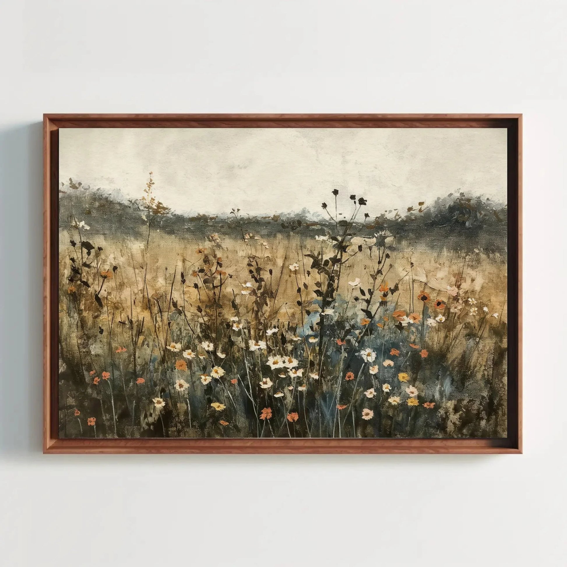 Wildflower Field Painting | Rustic Landscape Canvas Art | Neutral Farmhouse Wall Decor | Moody Botanical Print for Living Room Wall Art – Canvas Print
