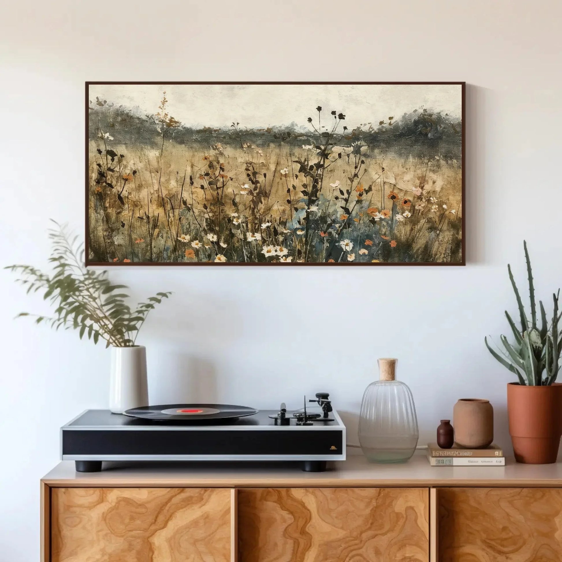 Wildflower Field Painting | Rustic Landscape Canvas Art | Neutral Farmhouse Wall Decor | Moody Botanical Print for Living Room Wall Art – Canvas Print