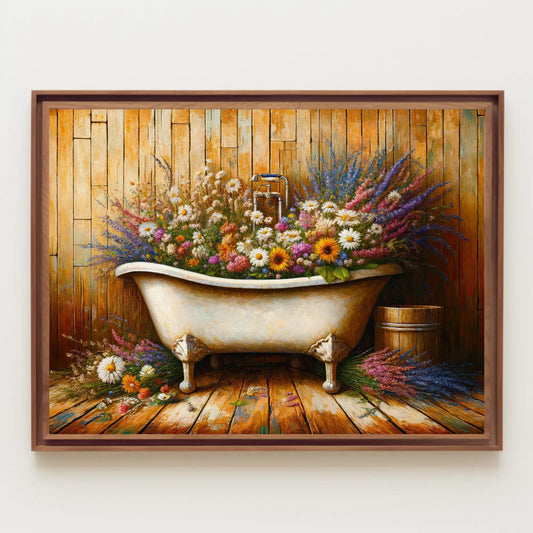 Farmhouse Bathroom Flowers Bathtub Rustic Canvas Print, Floral Wall Art, Country Cottage Bathroom Decor, Shabby Chic Style for Rustic Home Wall Art – Canvas Print