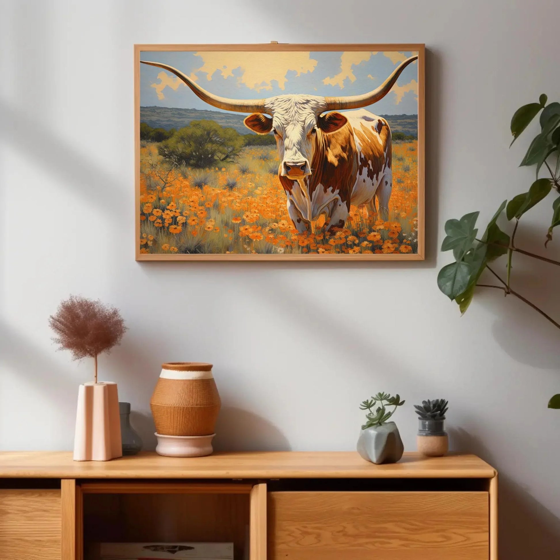 Large Texas Longhorn Painting - Farmhouse Living Room Decor - Extra Large Wall Art - Longhorn cow in a flower open field art Wall Art – Canvas Print