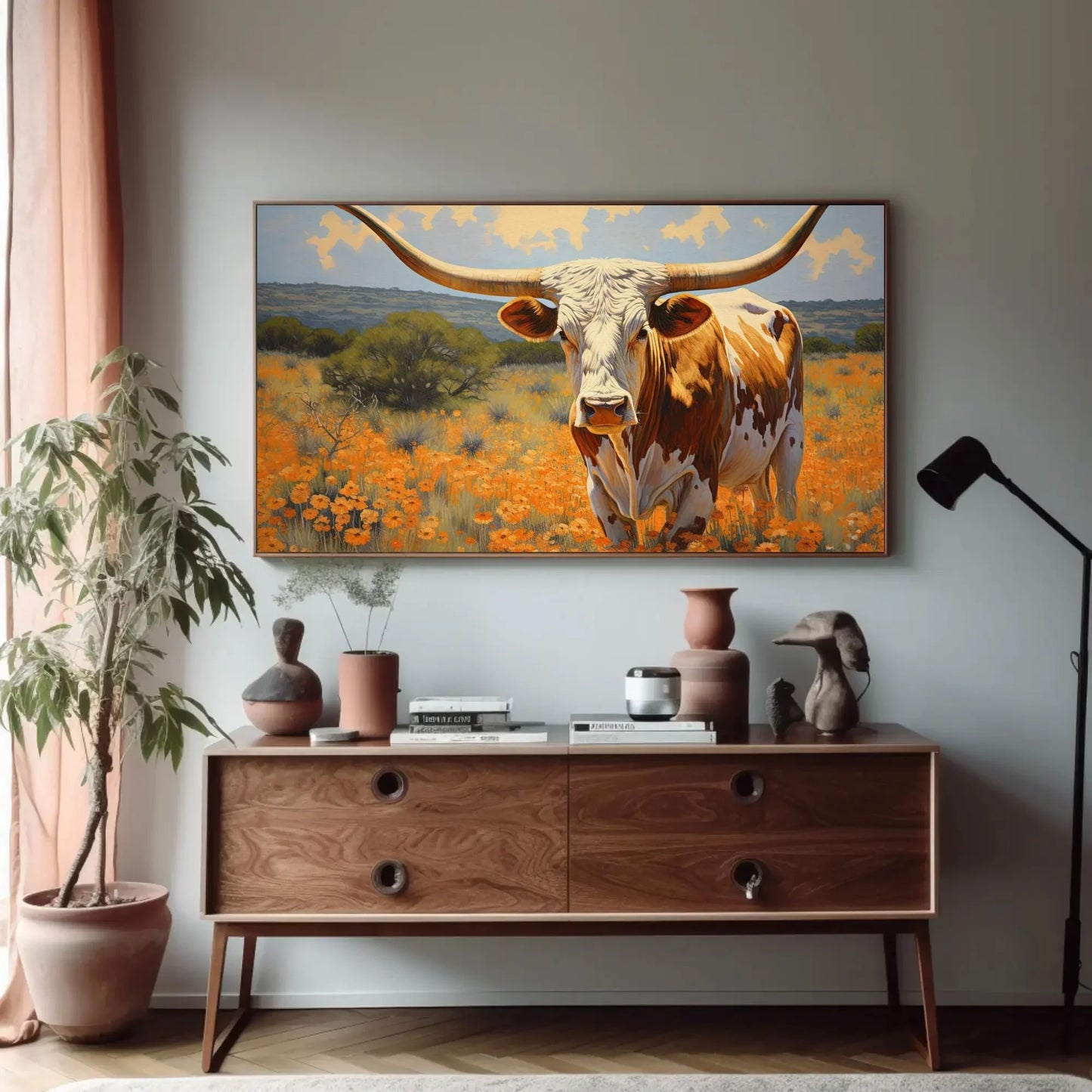 Large Texas Longhorn Painting - Farmhouse Living Room Decor - Extra Large Wall Art - Longhorn cow in a flower open field art Wall Art – Canvas Print