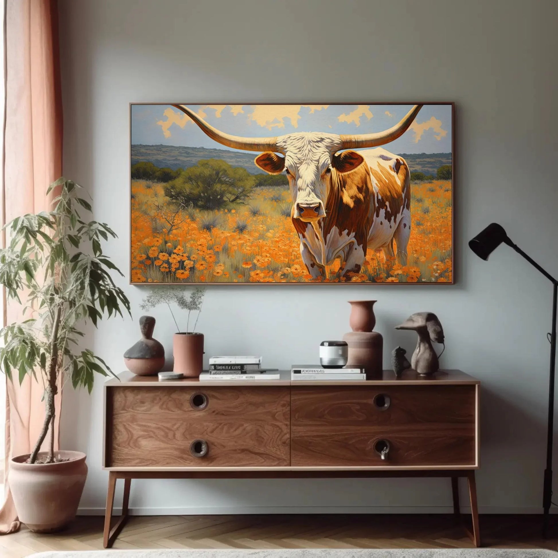 Large Texas Longhorn Painting - Farmhouse Living Room Decor - Extra Large Wall Art - Longhorn cow in a flower open field art Wall Art – Canvas Print