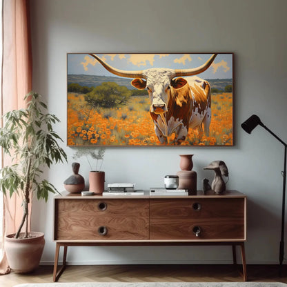 Large Texas Longhorn Painting - Farmhouse Living Room Decor - Extra Large Wall Art - Longhorn cow in a flower open field art Wall Art – Canvas Print