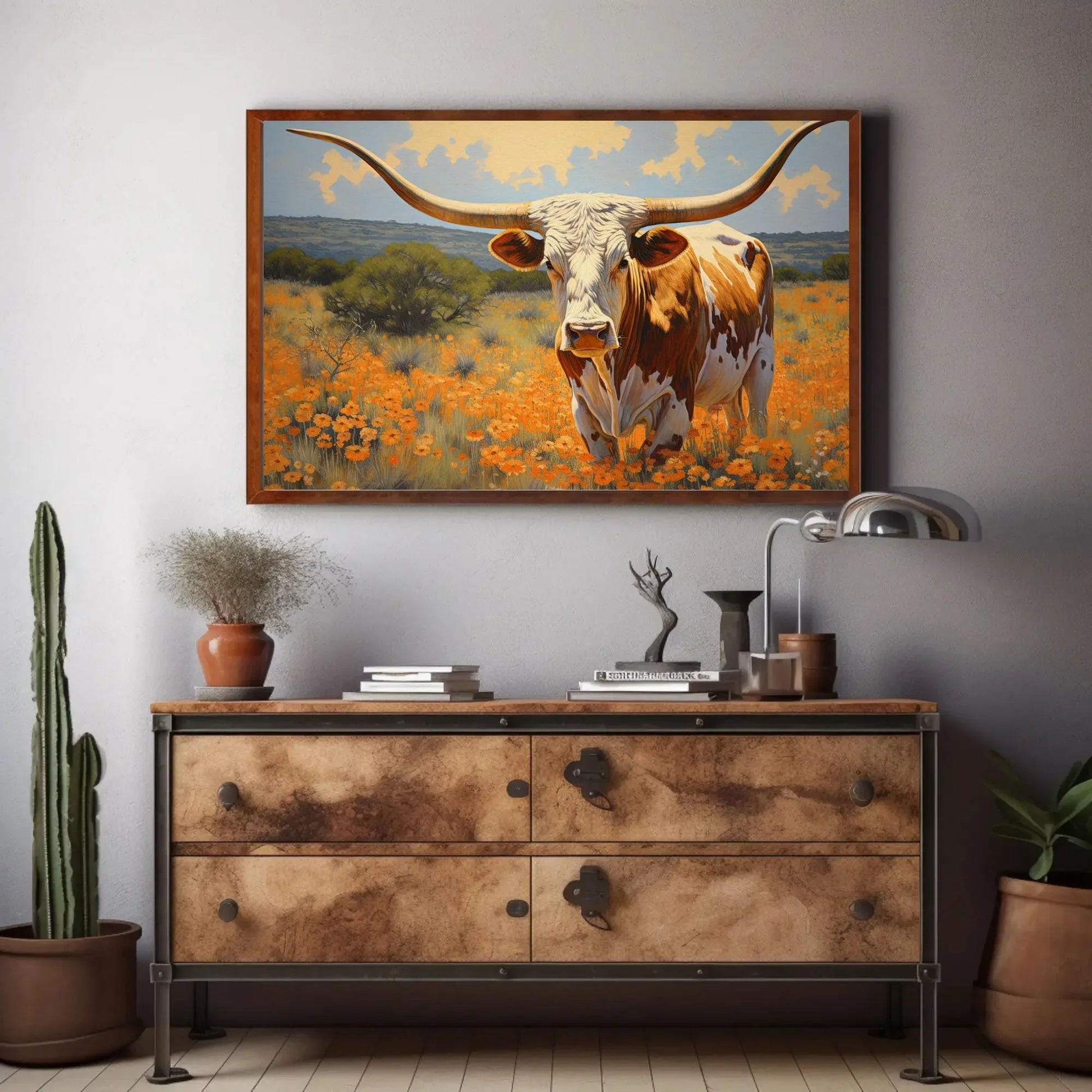 Large Texas Longhorn Painting - Farmhouse Living Room Decor - Extra Large Wall Art - Longhorn cow in a flower open field art Wall Art – Canvas Print