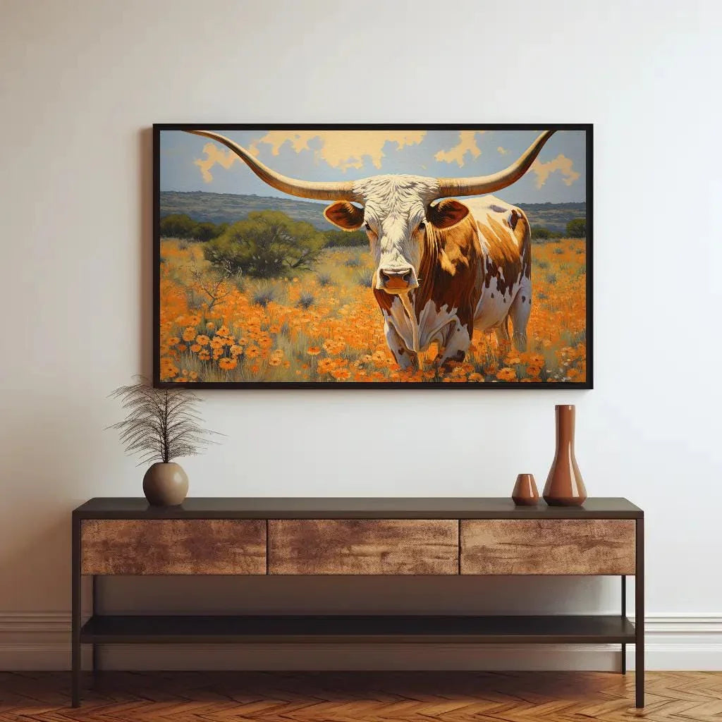 Large Texas Longhorn Painting - Farmhouse Living Room Decor - Extra Large Wall Art - Longhorn cow in a flower open field art Wall Art – Canvas Print
