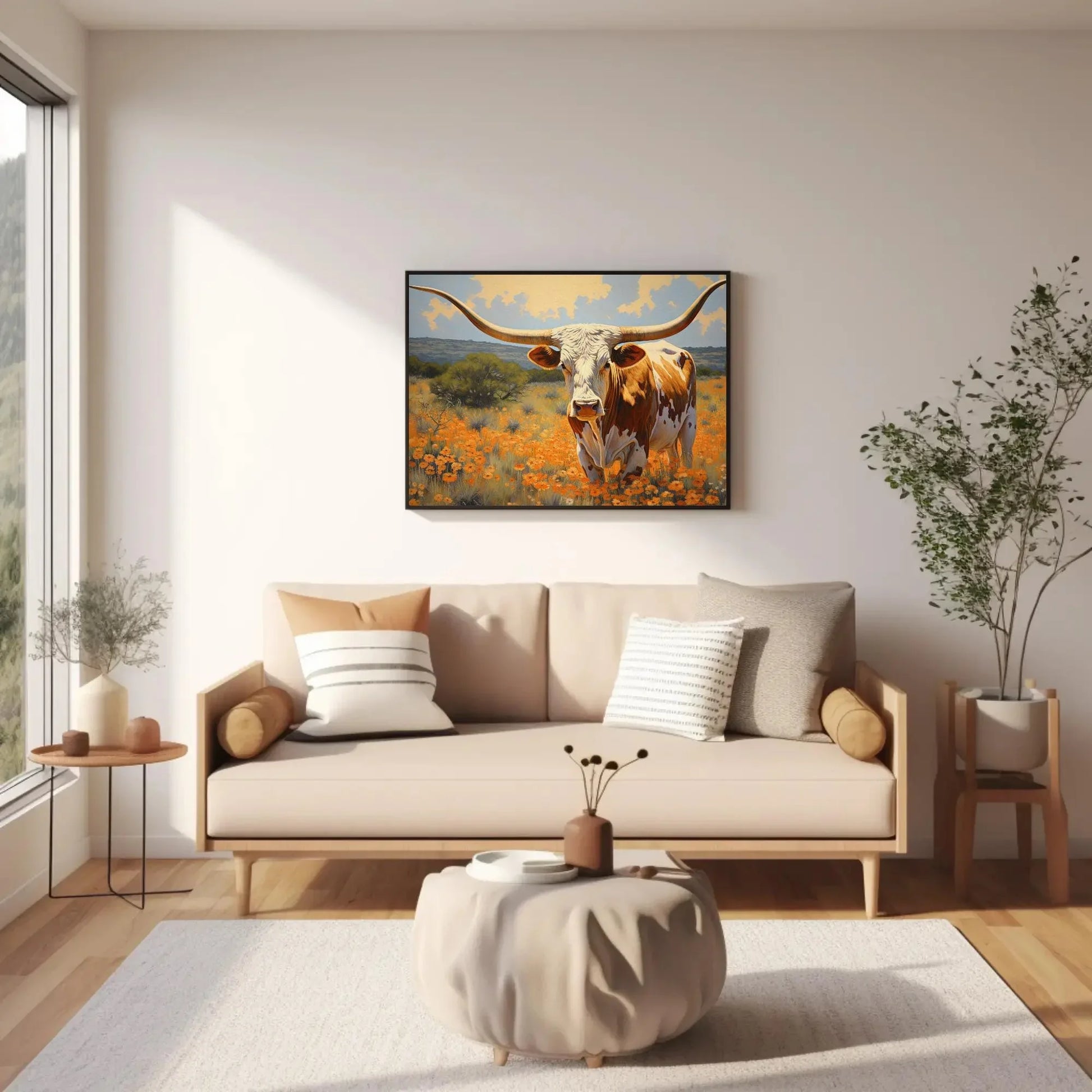 Large Texas Longhorn Painting - Farmhouse Living Room Decor - Extra Large Wall Art - Longhorn cow in a flower open field art Wall Art – Canvas Print