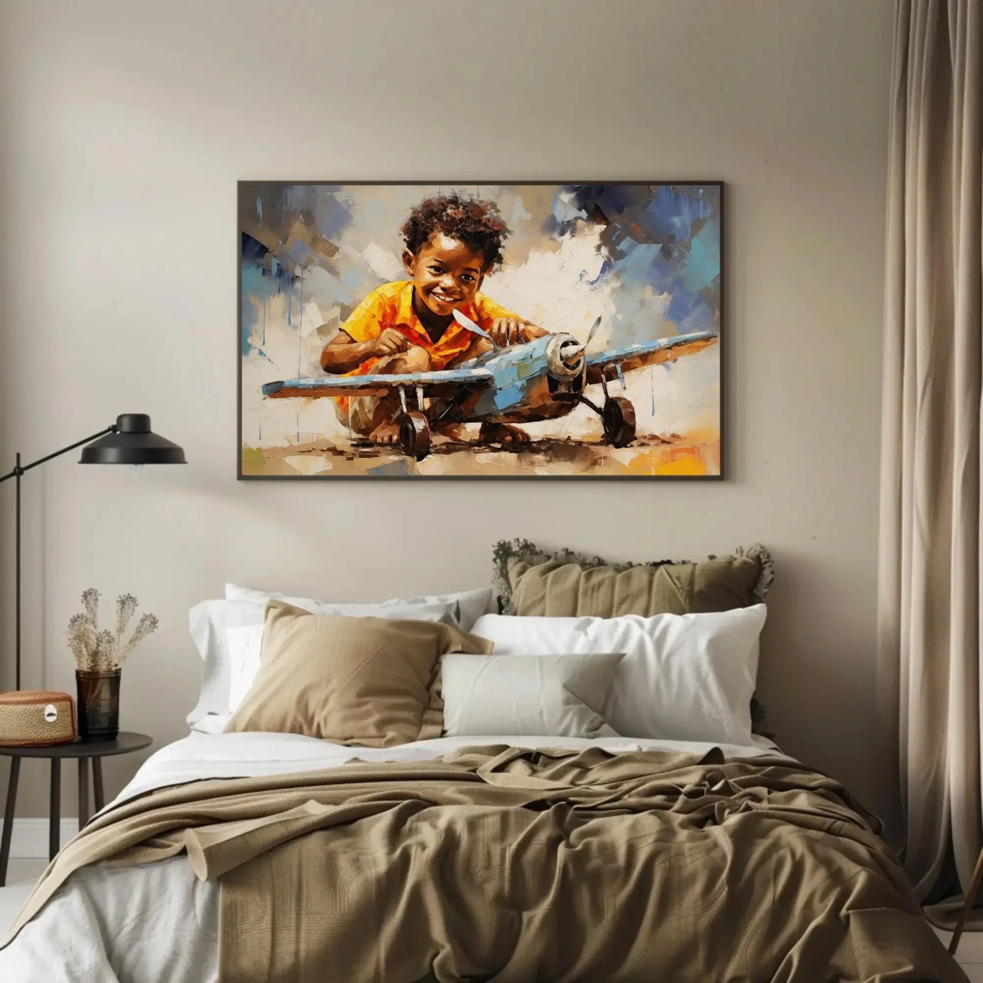 African American with a Toy Plane, African Black art, Happy African Child, Black Art, Pilot Kid, Joyful Motivational Wall Art Wall Art – Canvas Print