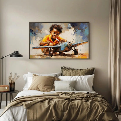 African American with a Toy Plane, African Black art, Happy African Child, Black Art, Pilot Kid, Joyful Motivational Wall Art Wall Art – Canvas Print