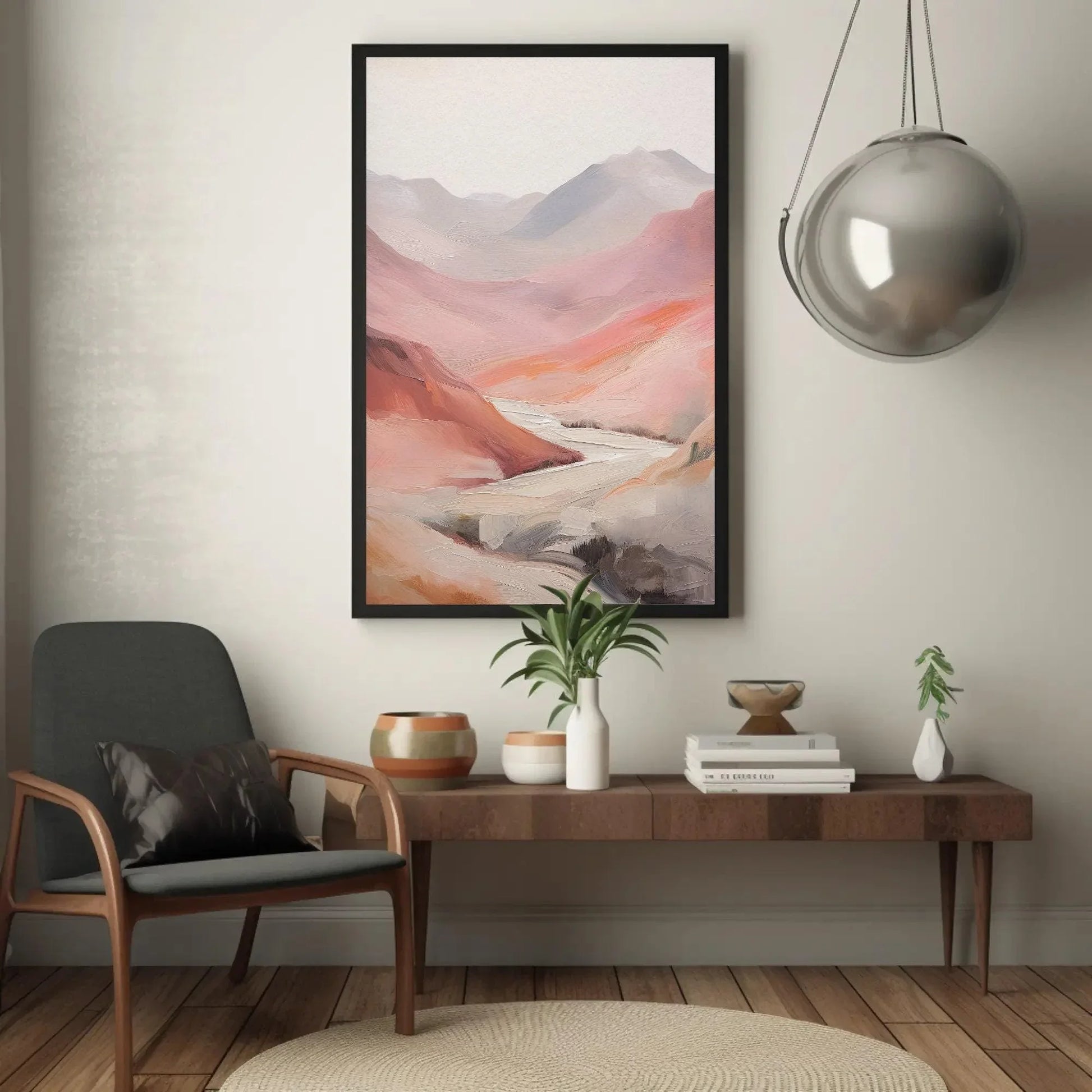 Abstract Pink Mountain Valley Oil Painting Canvas Print - Minimalist Earthy Tones - Ready to Hang for Living Room or Bedroom Decor Wall Art – Canvas Print