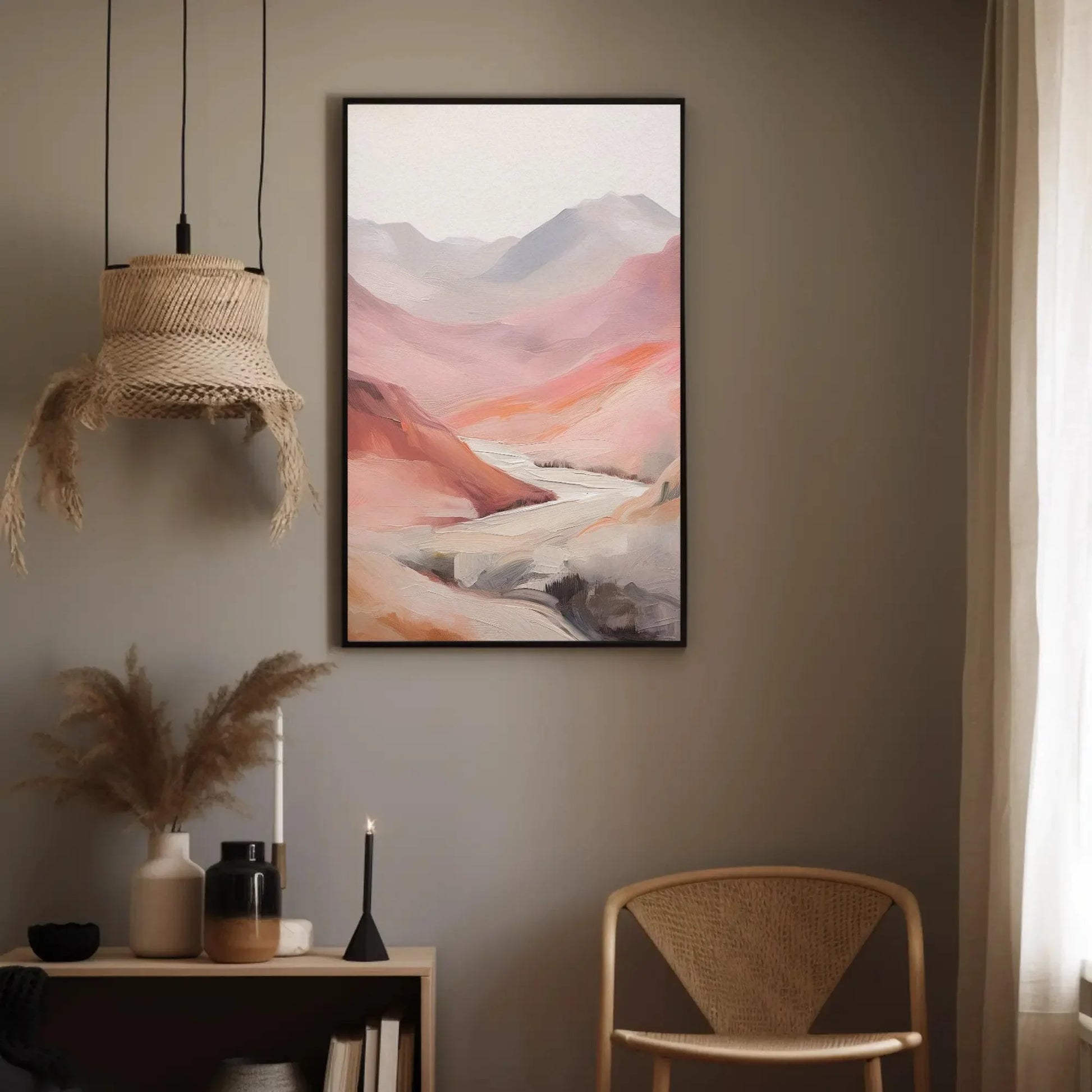 Abstract Pink Mountain Valley Oil Painting Canvas Print - Minimalist Earthy Tones - Ready to Hang for Living Room or Bedroom Decor Wall Art – Canvas Print
