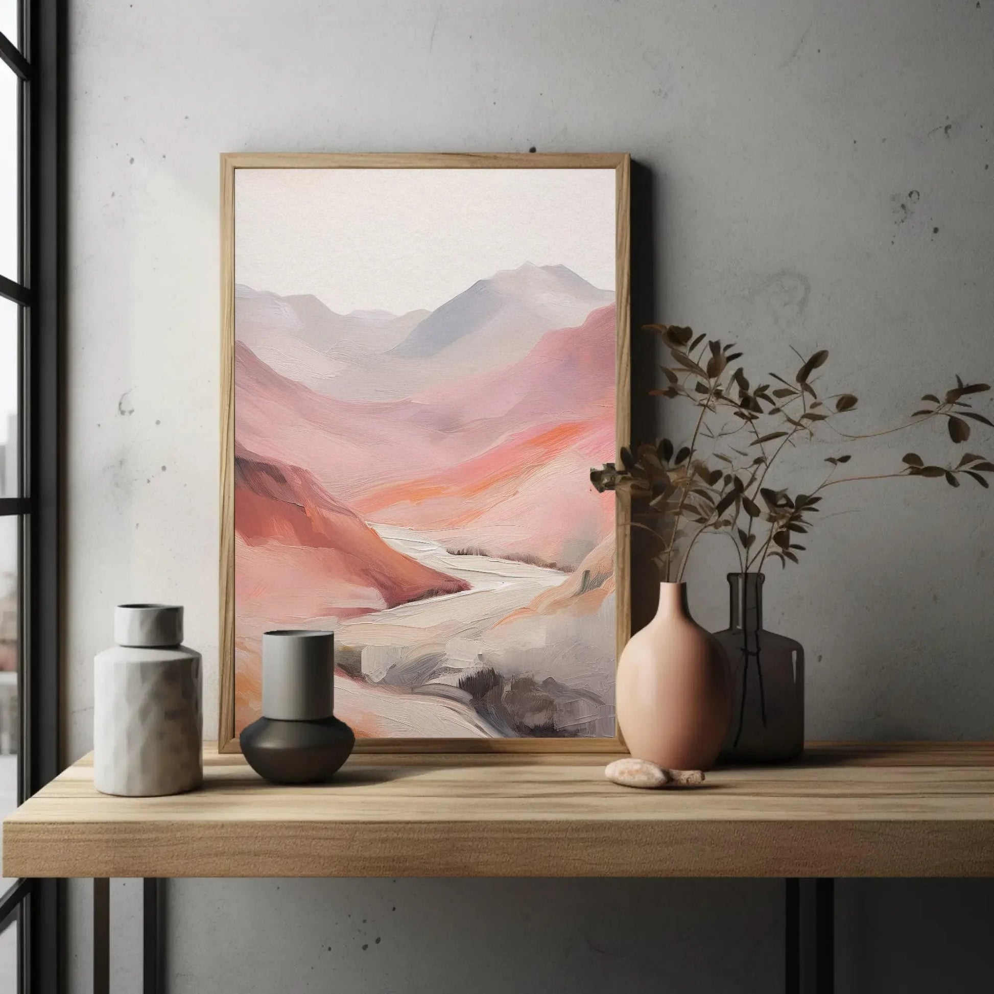 Abstract Pink Mountain Valley Oil Painting Canvas Print - Minimalist Earthy Tones - Ready to Hang for Living Room or Bedroom Decor Wall Art – Canvas Print