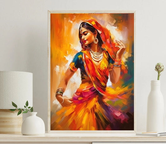 Indian Woman Colorful Folk Dance Home Decor, Indian wall art, beautiful Indian woman folk dance painting Wall Art – Canvas Print