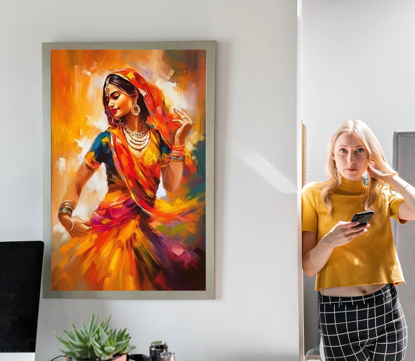 Indian Woman Colorful Folk Dance Home Decor, Indian wall art, beautiful Indian woman folk dance painting Wall Art – Canvas Print
