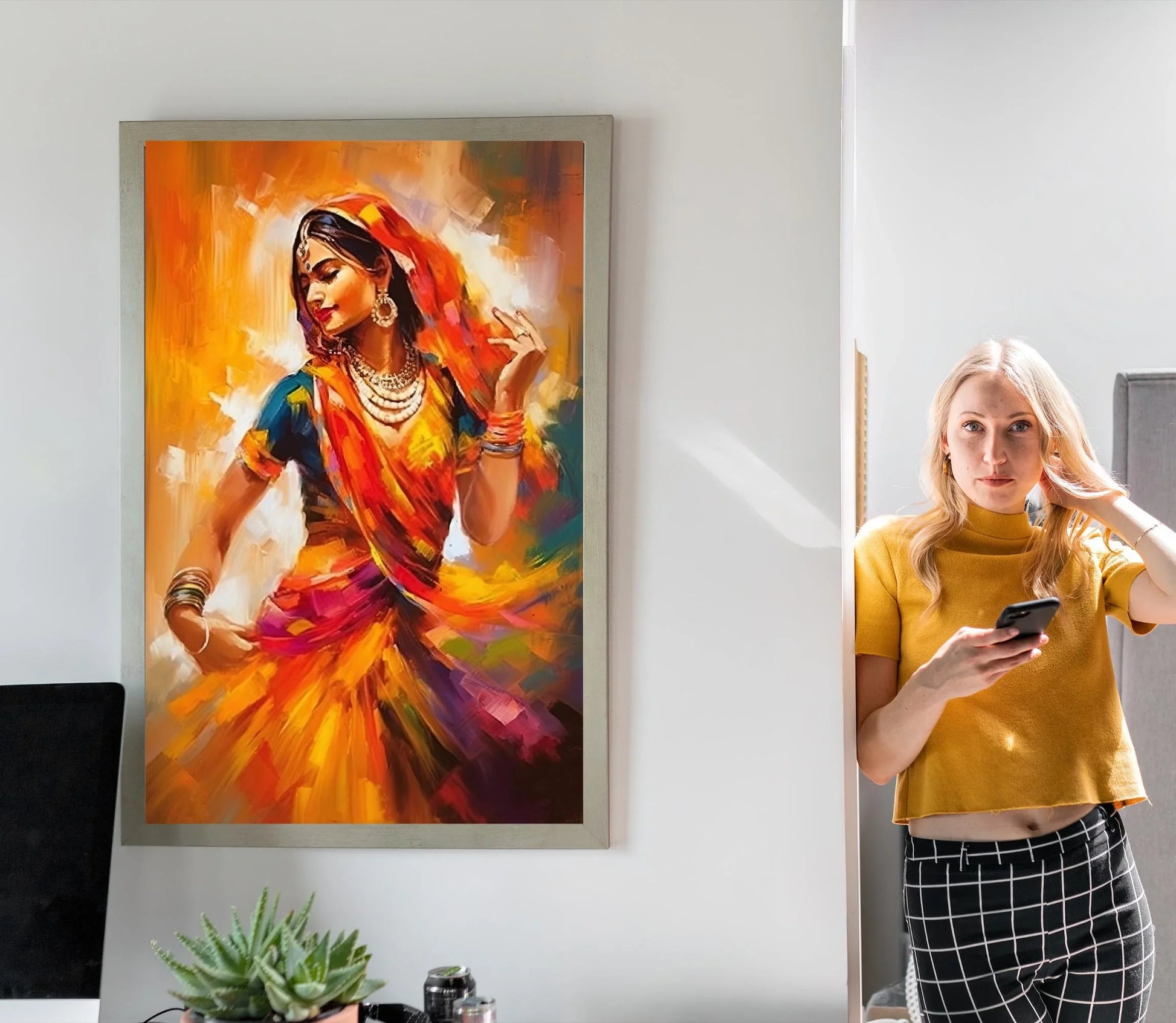 Indian Woman Colorful Folk Dance Home Decor, Indian wall art, beautiful Indian woman folk dance painting Wall Art – Canvas Print