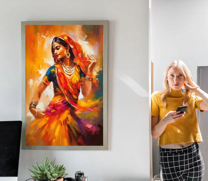 Indian Woman Colorful Folk Dance Home Decor, Indian wall art, beautiful Indian woman folk dance painting Wall Art – Canvas Print