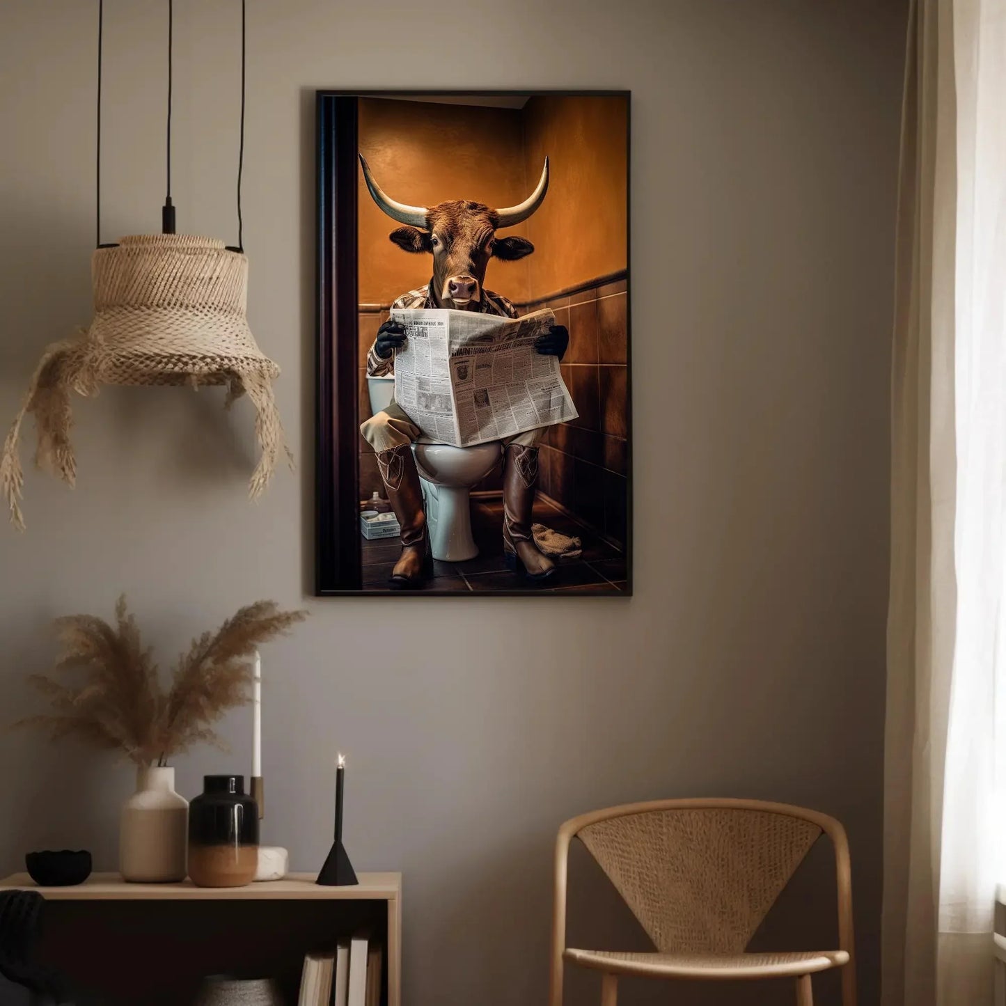 Texas Longhorn Cow Reading Newspaper On The Toilet Animal Lovers Gift Canvas Painting Funny Bathroom Art Framed Print Farmhouse Decor Wall Art – Canvas Print