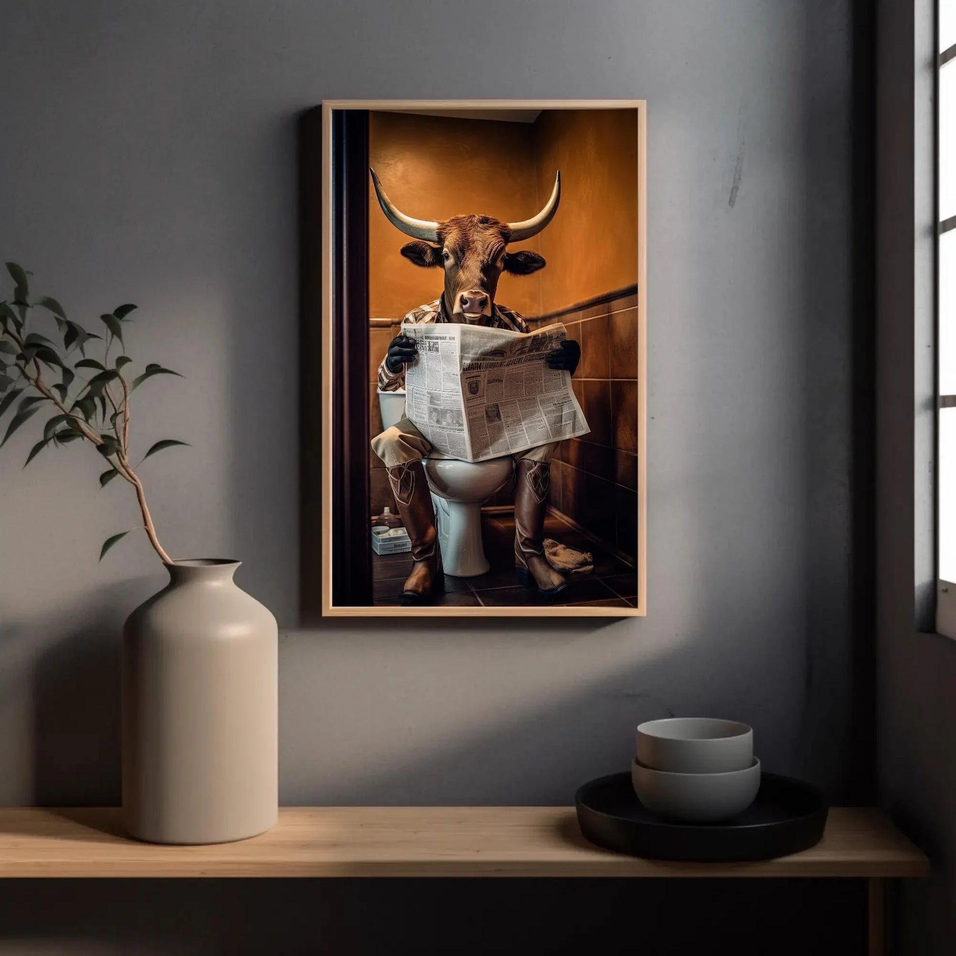 Texas Longhorn Cow Reading Newspaper On The Toilet Animal Lovers Gift Canvas Painting Funny Bathroom Art Framed Print Farmhouse Decor Wall Art – Canvas Print