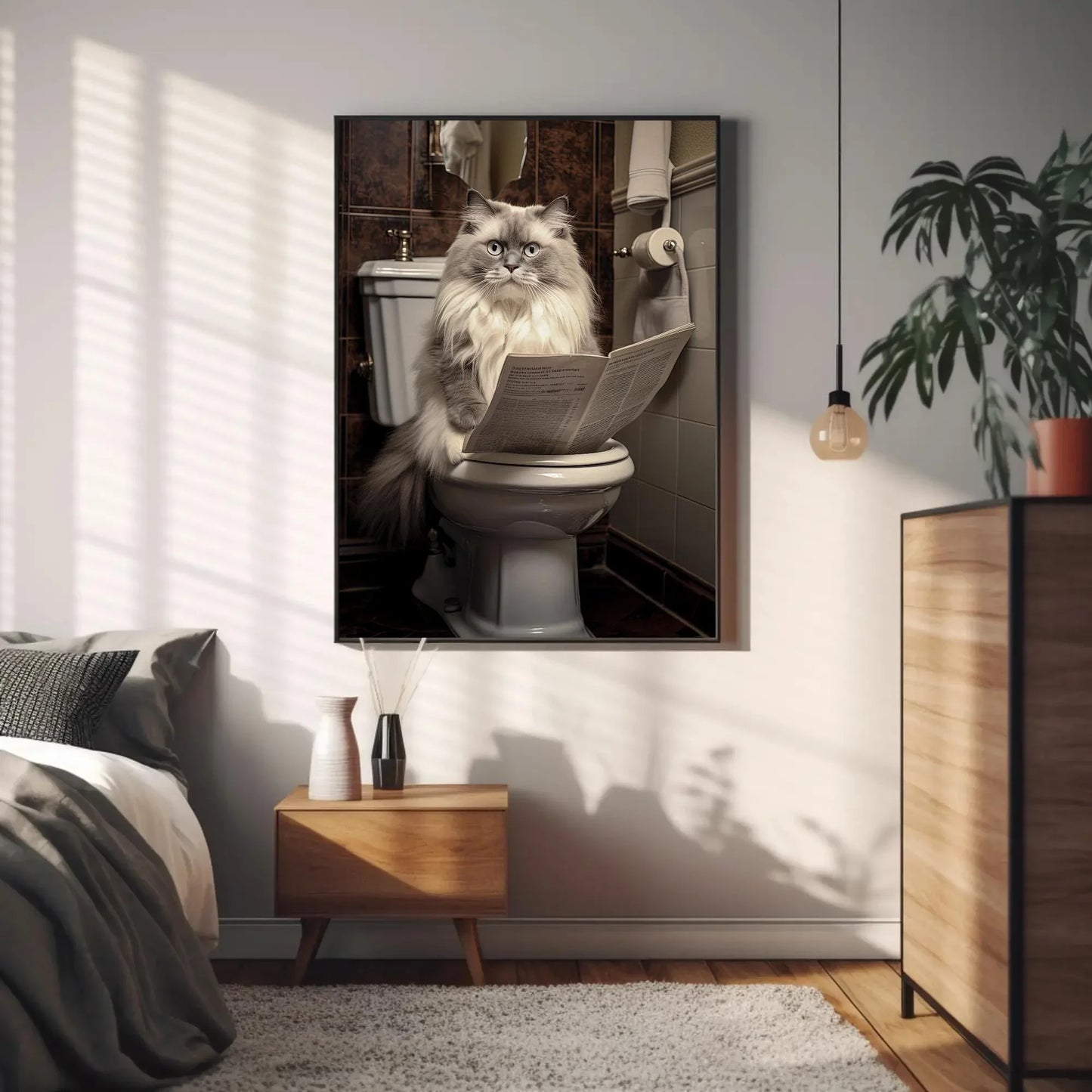 Ragdoll Cat Reading Newspaper On The Toilet Cat Lovers Gift Canvas Painting Funny Bathroom Art Framed Print Restroom Decor Toilet Humor Art Wall Art – Canvas Print