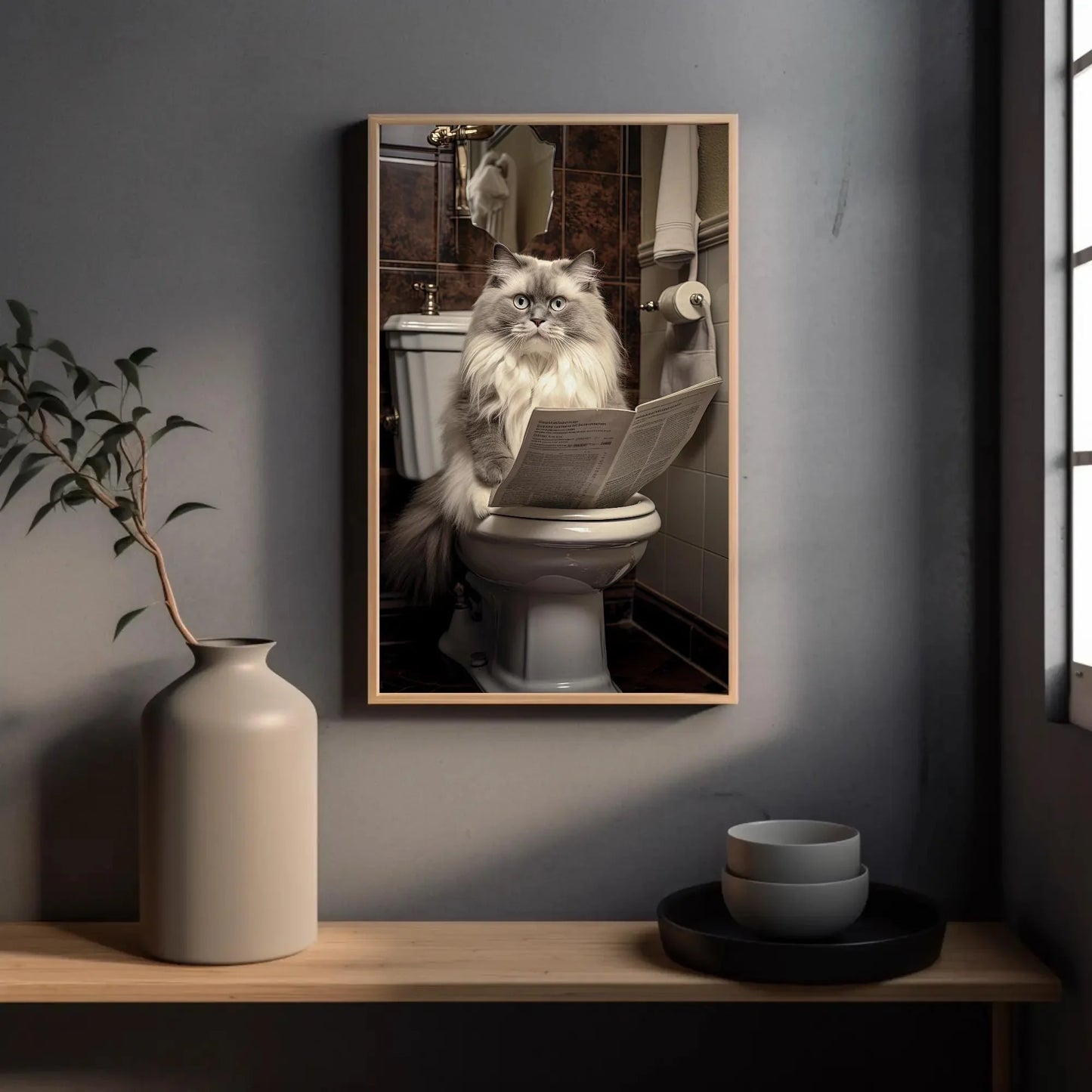 Ragdoll Cat Reading Newspaper On The Toilet Cat Lovers Gift Canvas Painting Funny Bathroom Art Framed Print Restroom Decor Toilet Humor Art Wall Art – Canvas Print