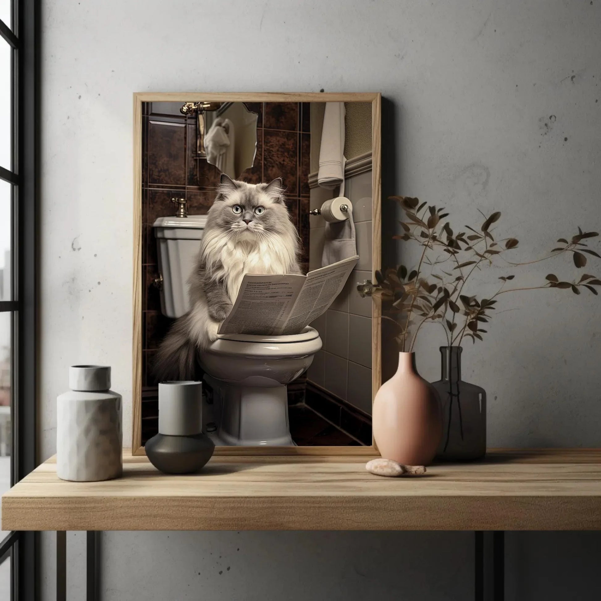 Ragdoll Cat Reading Newspaper On The Toilet Cat Lovers Gift Canvas Painting Funny Bathroom Art Framed Print Restroom Decor Toilet Humor Art Wall Art – Canvas Print