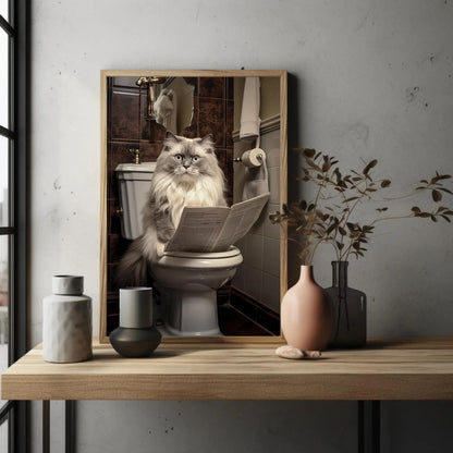 Ragdoll Cat Reading Newspaper On The Toilet Cat Lovers Gift Canvas Painting Funny Bathroom Art Framed Print Restroom Decor Toilet Humor Art Wall Art – Canvas Print