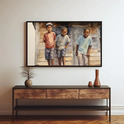 African Watercolour Painting, Curious African Kids on the Roof, African American Art, Canvas Print, Framed Poster, Ready To Hang Wall Art – Canvas Print