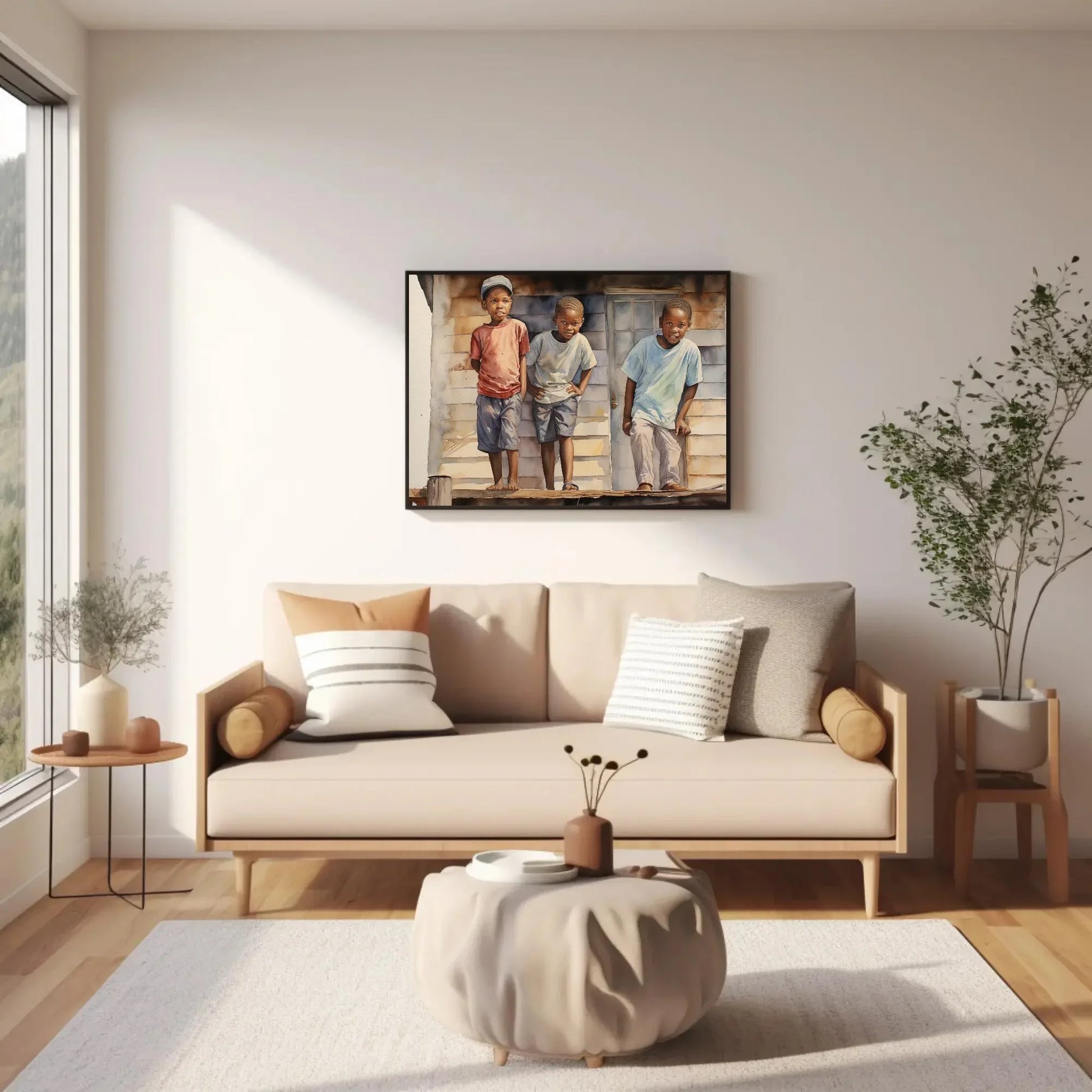 African Watercolour Painting, Curious African Kids on the Roof, African American Art, Canvas Print, Framed Poster, Ready To Hang Wall Art – Canvas Print