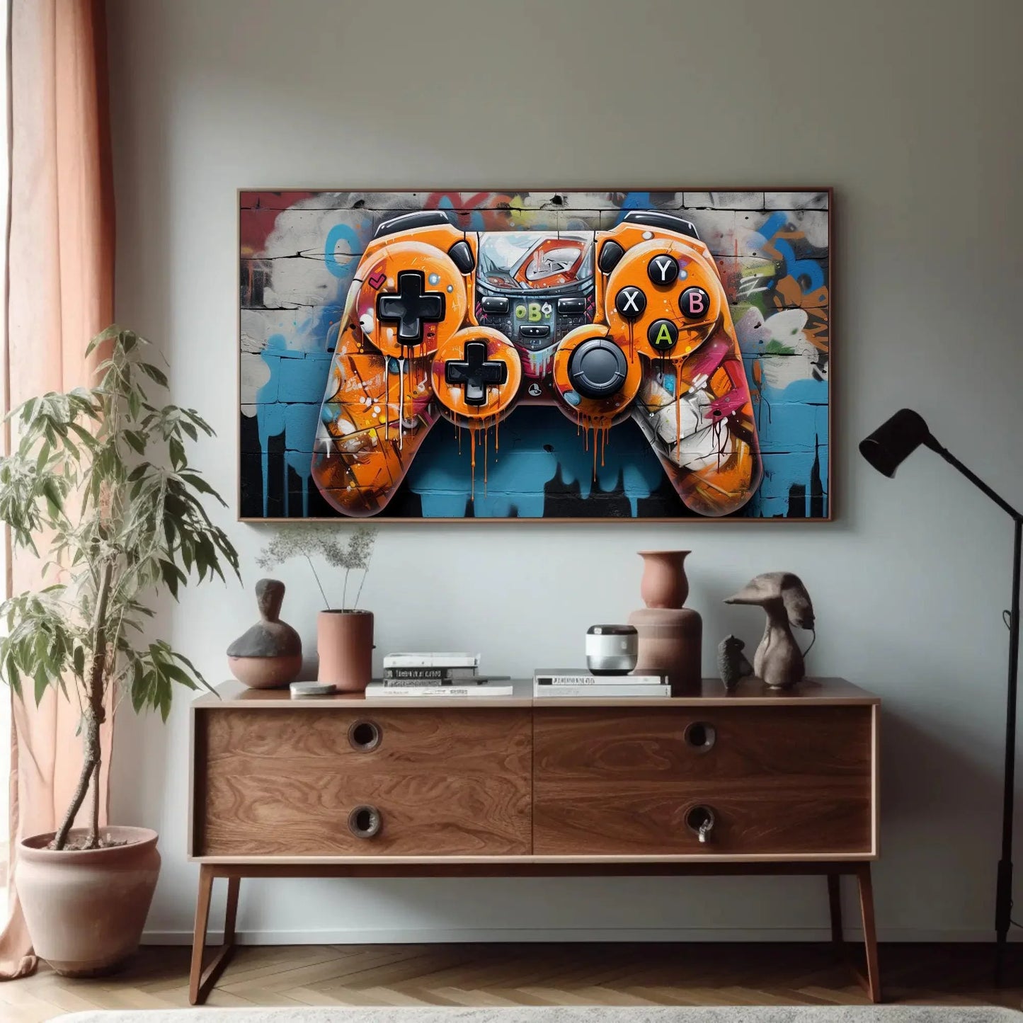 Game Controller Art, Graffiti Game Controller, Rainbow Fire Controller, Game Room Decor, Man Cave Wall Art, Graffiti Art Wall Art – Canvas Print