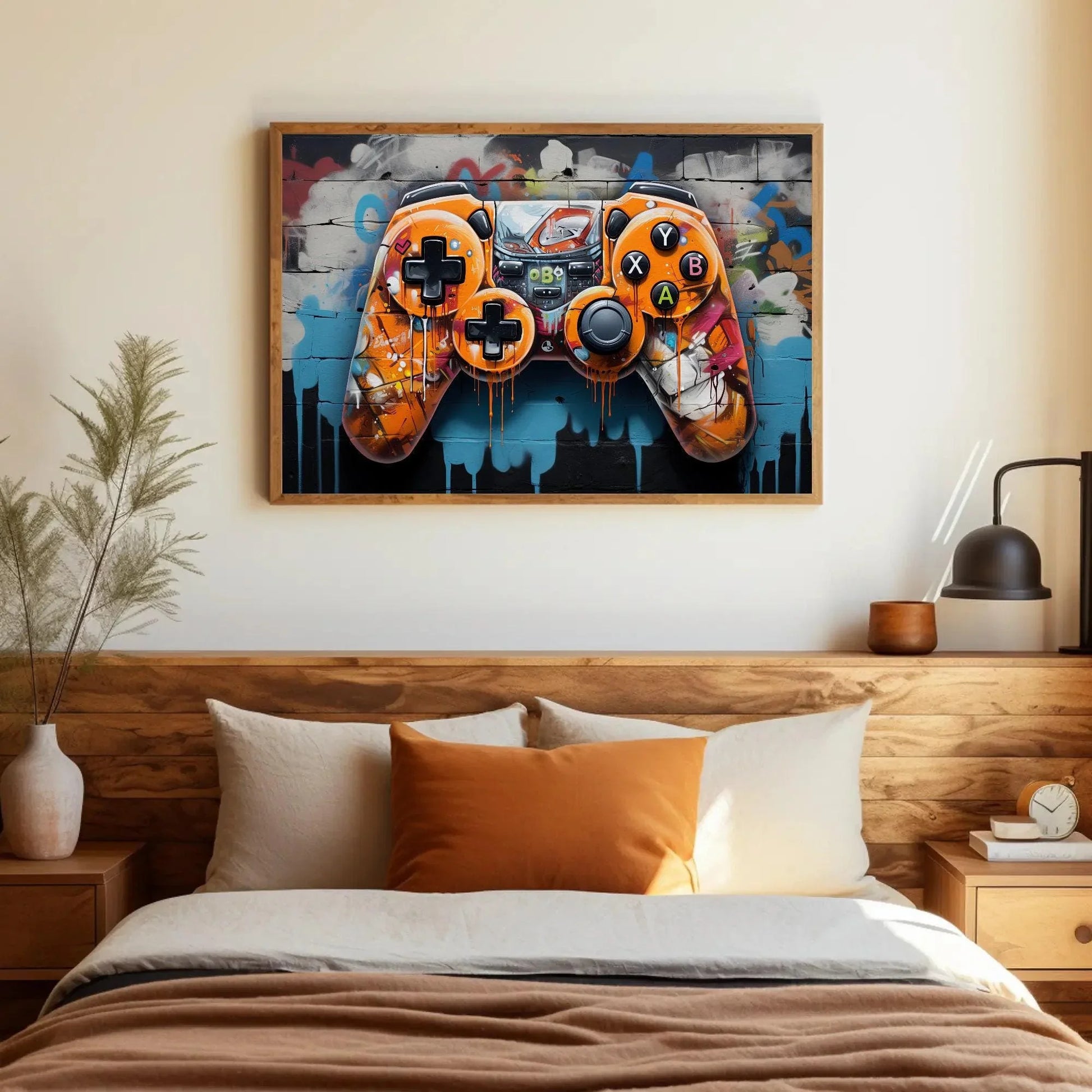 Game Controller Art, Graffiti Game Controller, Rainbow Fire Controller, Game Room Decor, Man Cave Wall Art, Graffiti Art Wall Art – Canvas Print