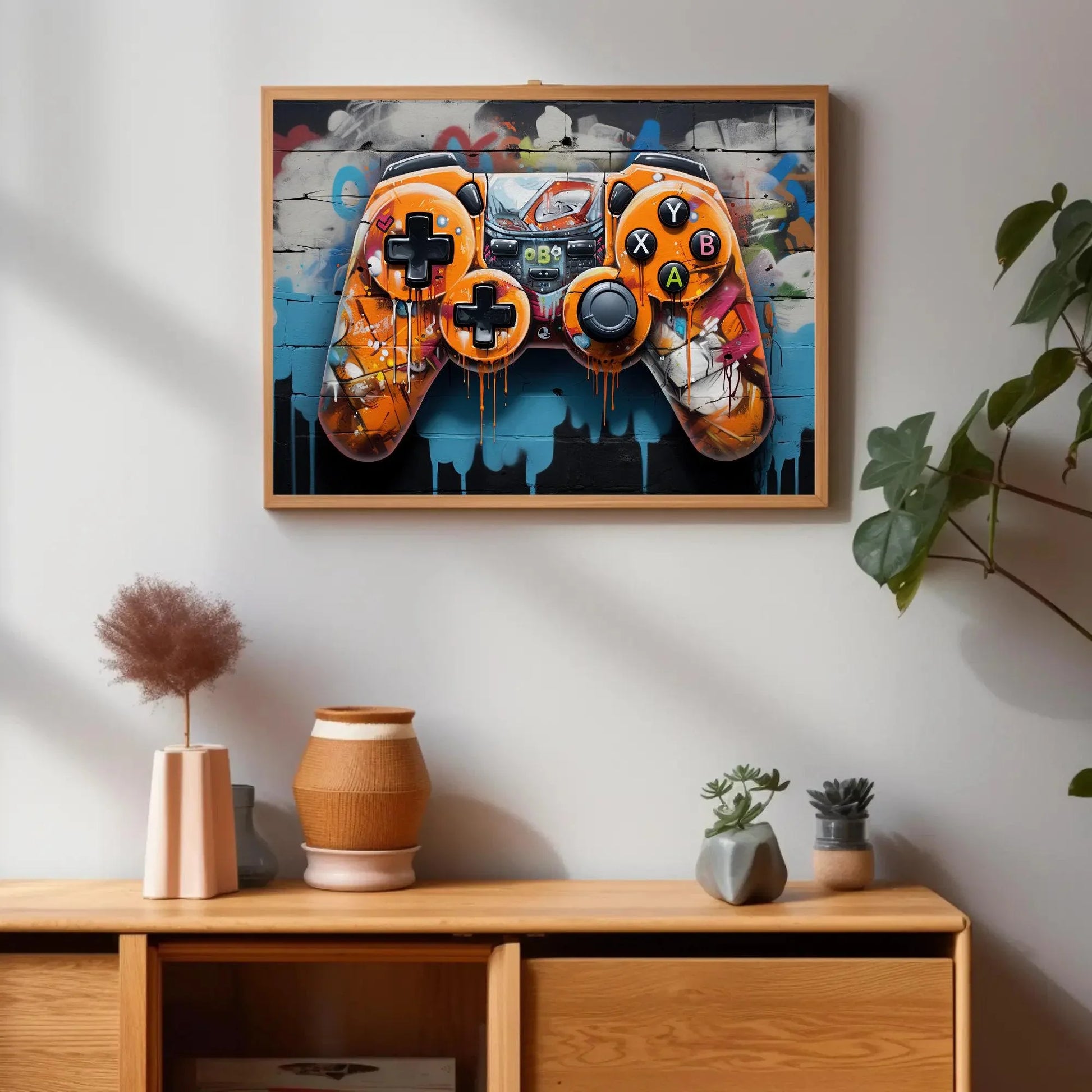 Game Controller Art, Graffiti Game Controller, Rainbow Fire Controller, Game Room Decor, Man Cave Wall Art, Graffiti Art Wall Art – Canvas Print