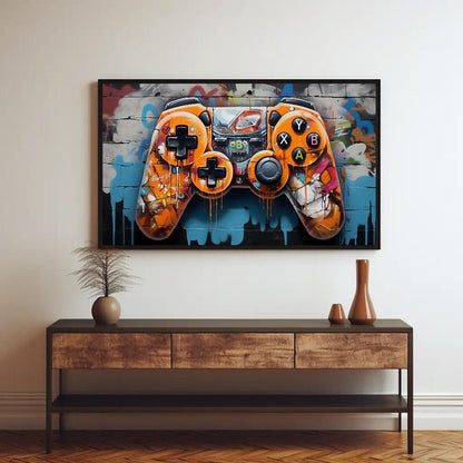 Game Controller Art, Graffiti Game Controller, Rainbow Fire Controller, Game Room Decor, Man Cave Wall Art, Graffiti Art Wall Art – Canvas Print