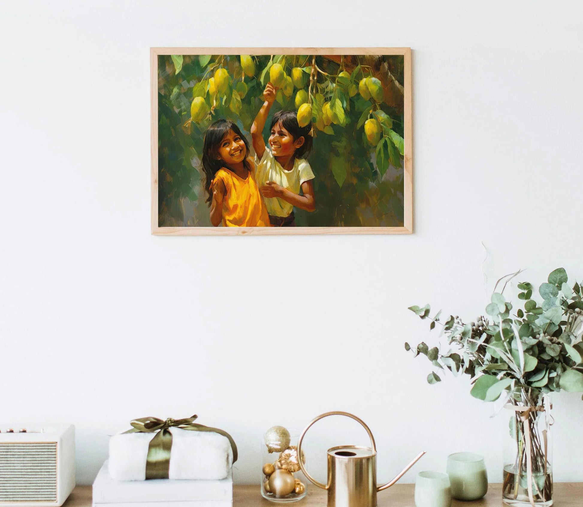 Happy Children under a Mango Tree, Mango Art Print, Indian Artwork, Mexican Decor, Home Decor, Asian Art Print, Childhood Memory Gift Wall Art – Canvas Print