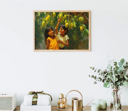 Happy Children under a Mango Tree, Mango Art Print, Indian Artwork, Mexican Decor, Home Decor, Asian Art Print, Childhood Memory Gift Wall Art – Canvas Print