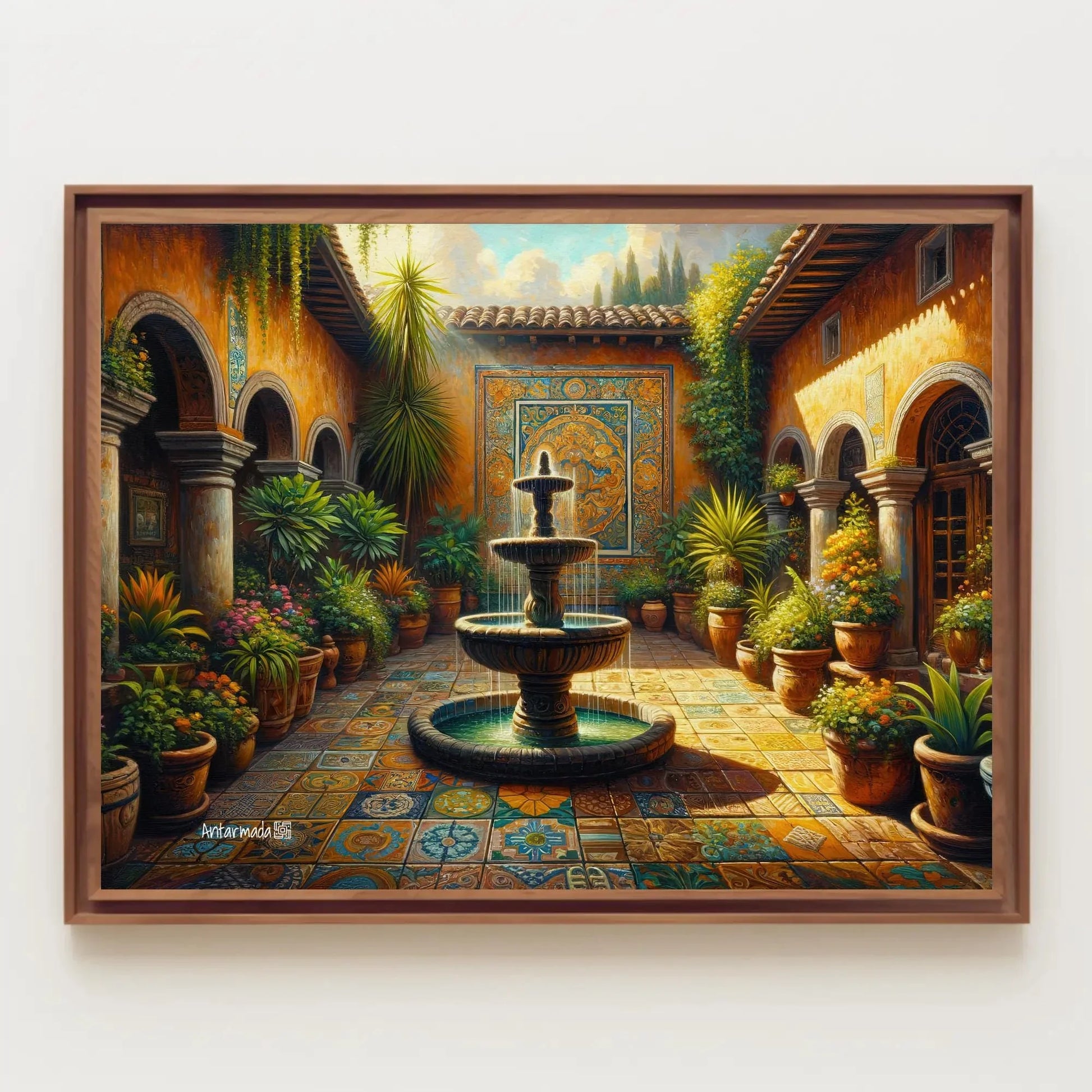 Mexican Courtyard Canvas Print - Traditional Mexican Art for Living Room or Gift - Framed Poster Mexico - Garden Painting Wall Art – Canvas Print