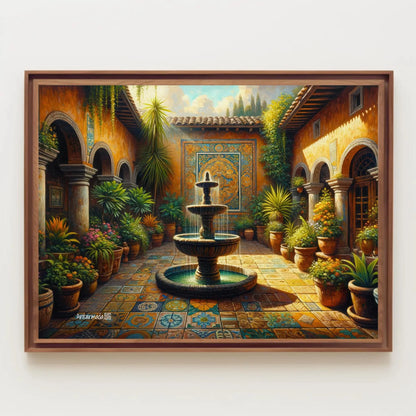 Mexican Courtyard Canvas Print - Traditional Mexican Art for Living Room or Gift - Framed Poster Mexico - Garden Painting Wall Art – Canvas Print