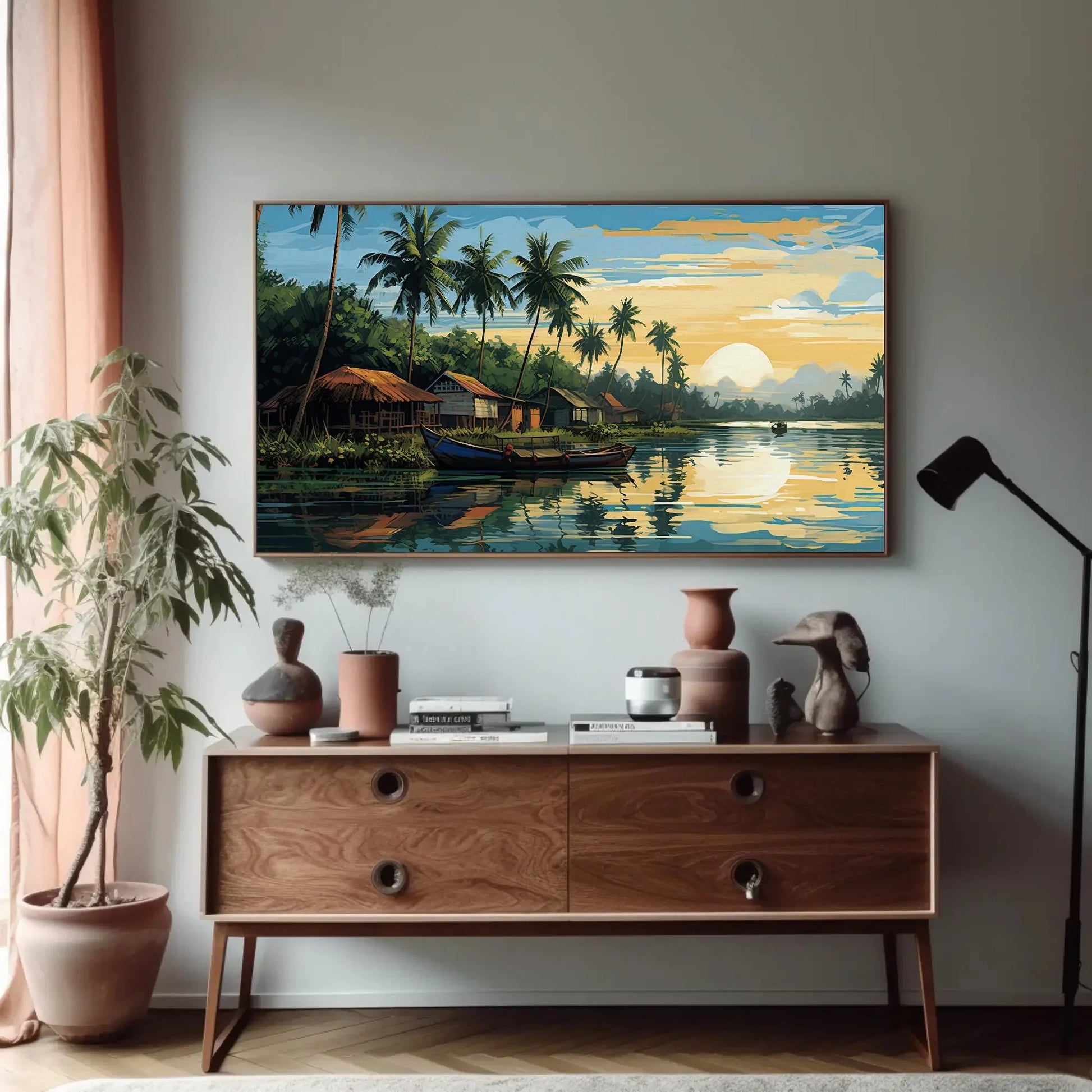 Kerala Landscape Modern Style Painting, Kerala Painting, South Indian Painting, India Artwork, Desi Decor Wall Art – Canvas Print